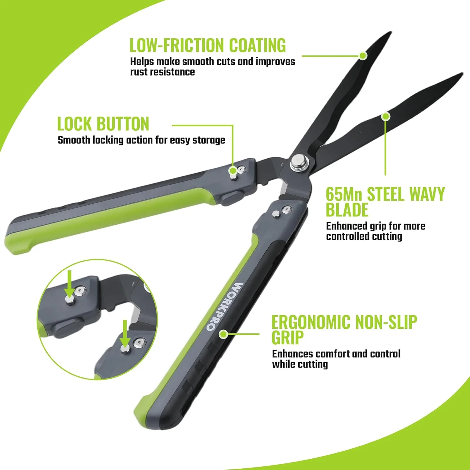WORKPRO 23” Hedge Shears, Foldable Hedge Clippers for Most Garden Plants | Manual Hedge Trimmers with Wavy Blades & Ergonomic Handle, Garden Shears for Hedges, Shrubs, Boxwood, Dense Garden Growth - Image 3