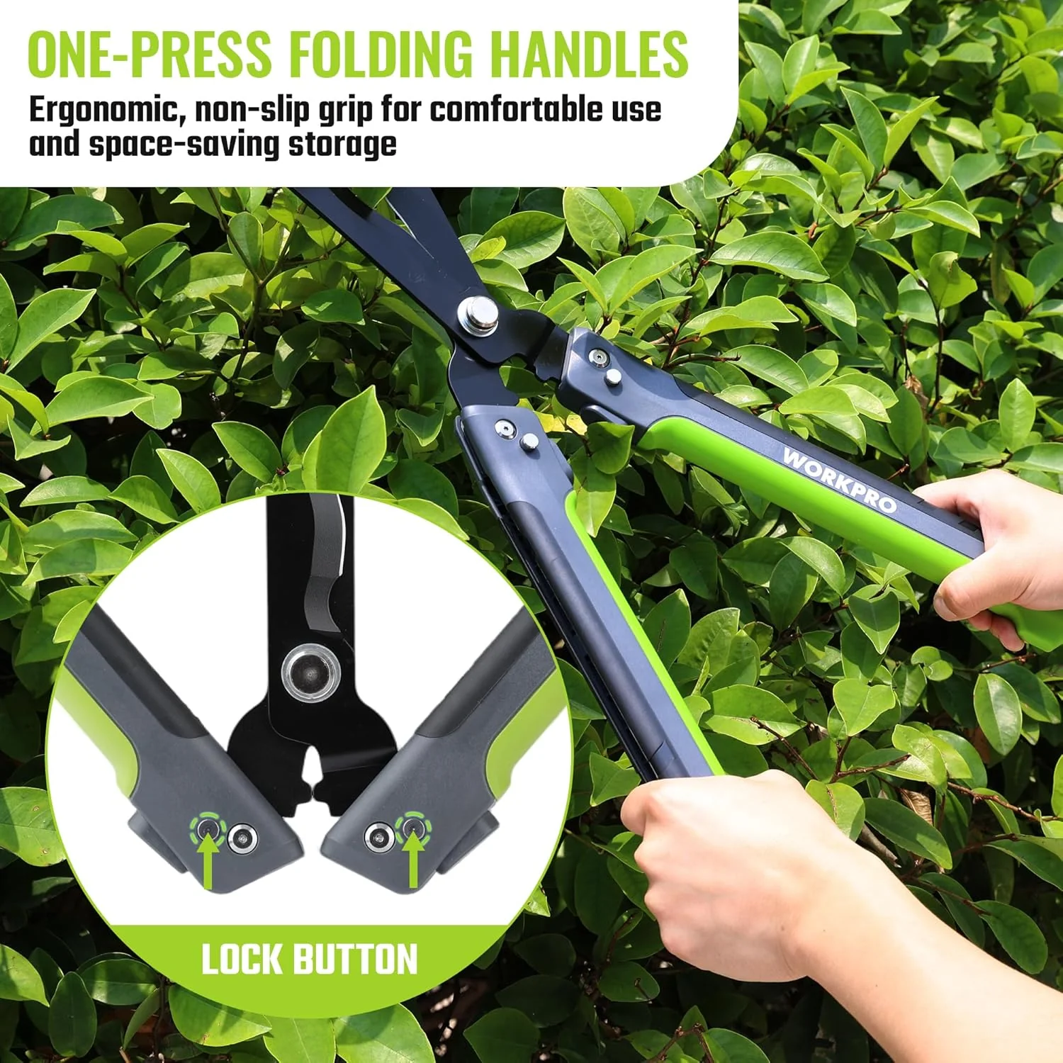 WORKPRO 23” Hedge Shears, Foldable Hedge Clippers for Most Garden Plants | Manual Hedge Trimmers with Wavy Blades & Ergonomic Handle, Garden Shears for Hedges, Shrubs, Boxwood, Dense Garden Growth - Image 6