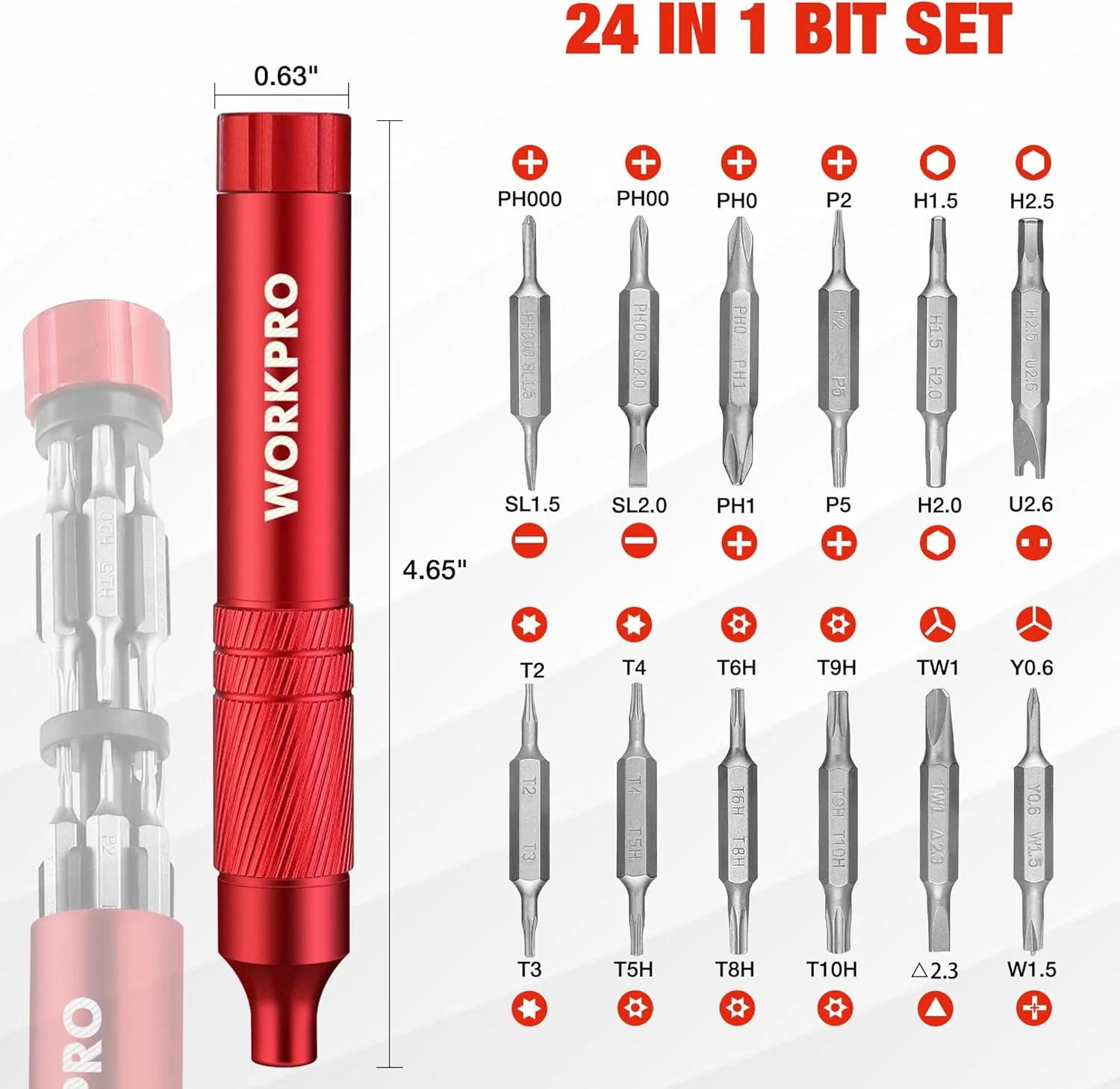WORKPRO 24 in 1 Multi Bit Mini Screwdriver Set Magnetic, Manual Pen Screwdrivers, Tough S2 Steel Small Screwdriver Bits for Eyeglass, Watch, Laptop, Phone, Jewelry and Electronic, Red - Image 4