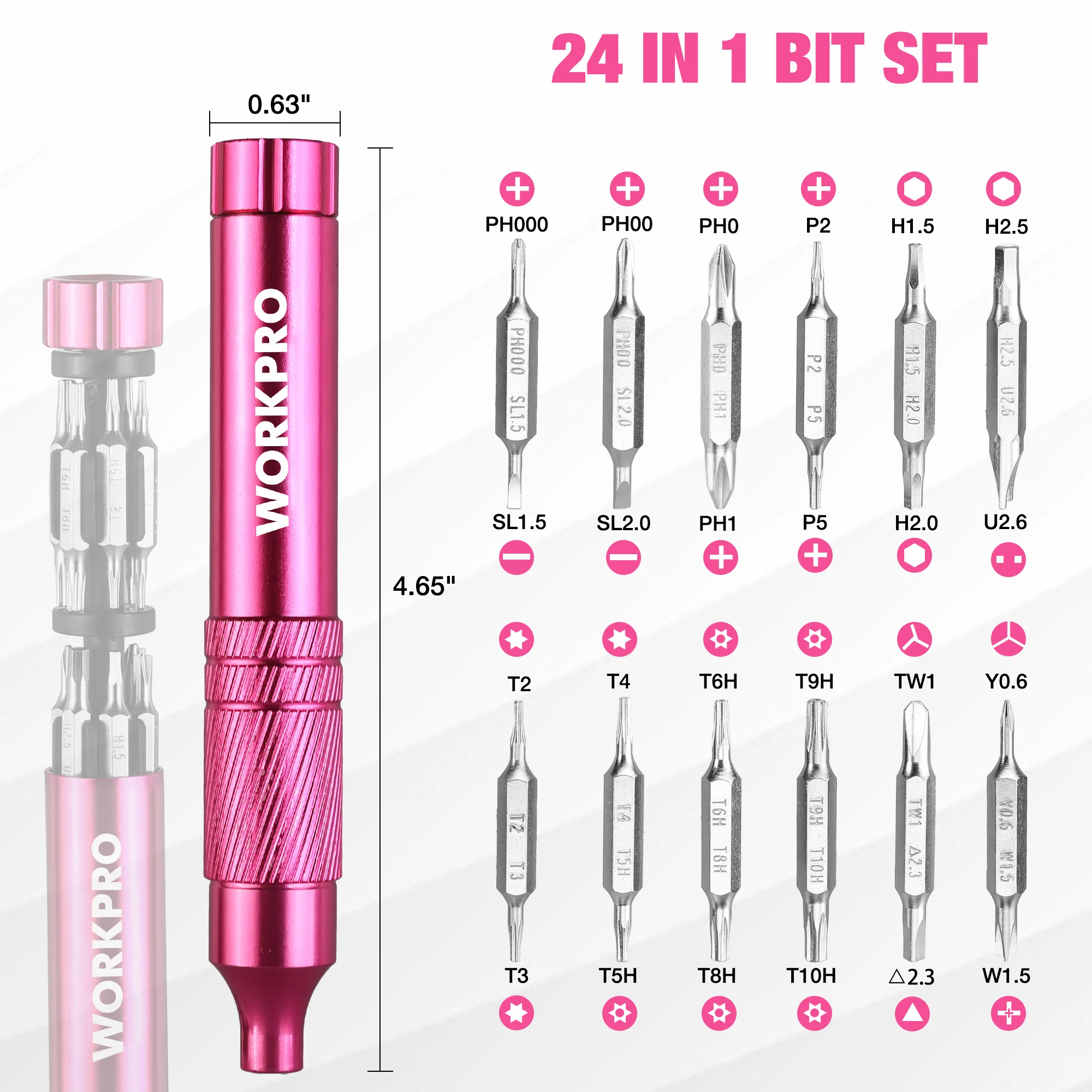 WORKPRO 24-in-1 Precision Screwdriver Sets, 24 pcs Tough S2 Steel Small Screwdriver Bits - Pink Ribbon - Image 4