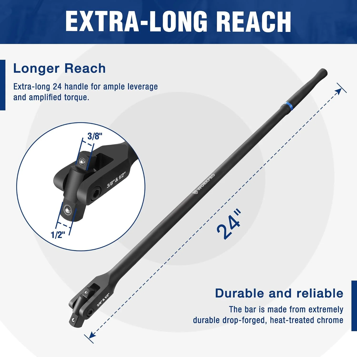 WORKPRO 24-inch Dual Drive Breaker Bar, 3/8" & 1/2" Drive, Heavy Duty Breaker Bars with 360° Flex Head, Spring-loaded Detent Ball, CR-MO Head, Premium Chrome Vanadium Steel with Black Phosphate Finish - Image 2