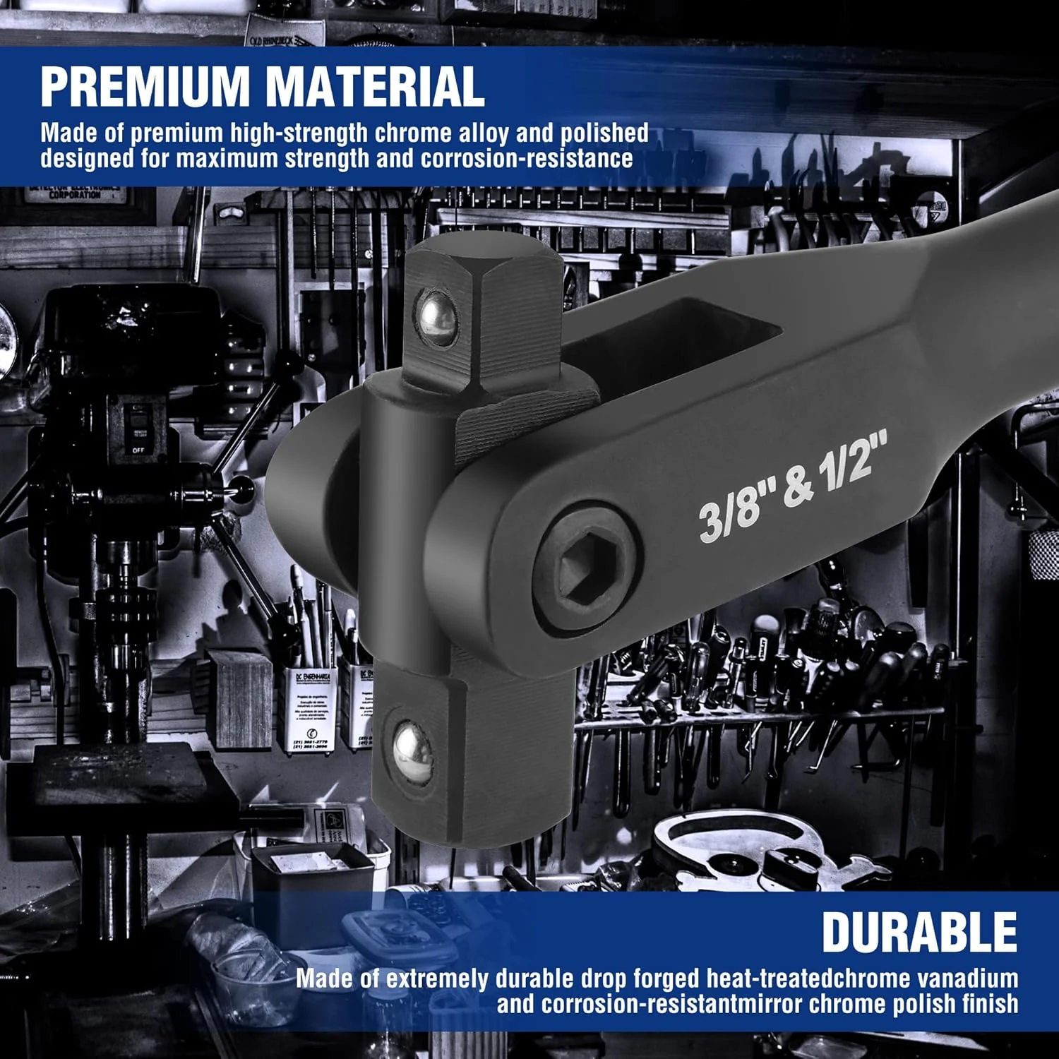 WORKPRO 24-inch Dual Drive Breaker Bar, 3/8" & 1/2" Drive, Heavy Duty Breaker Bars with 360° Flex Head, Spring-loaded Detent Ball, CR-MO Head, Premium Chrome Vanadium Steel with Black Phosphate Finish - Image 3
