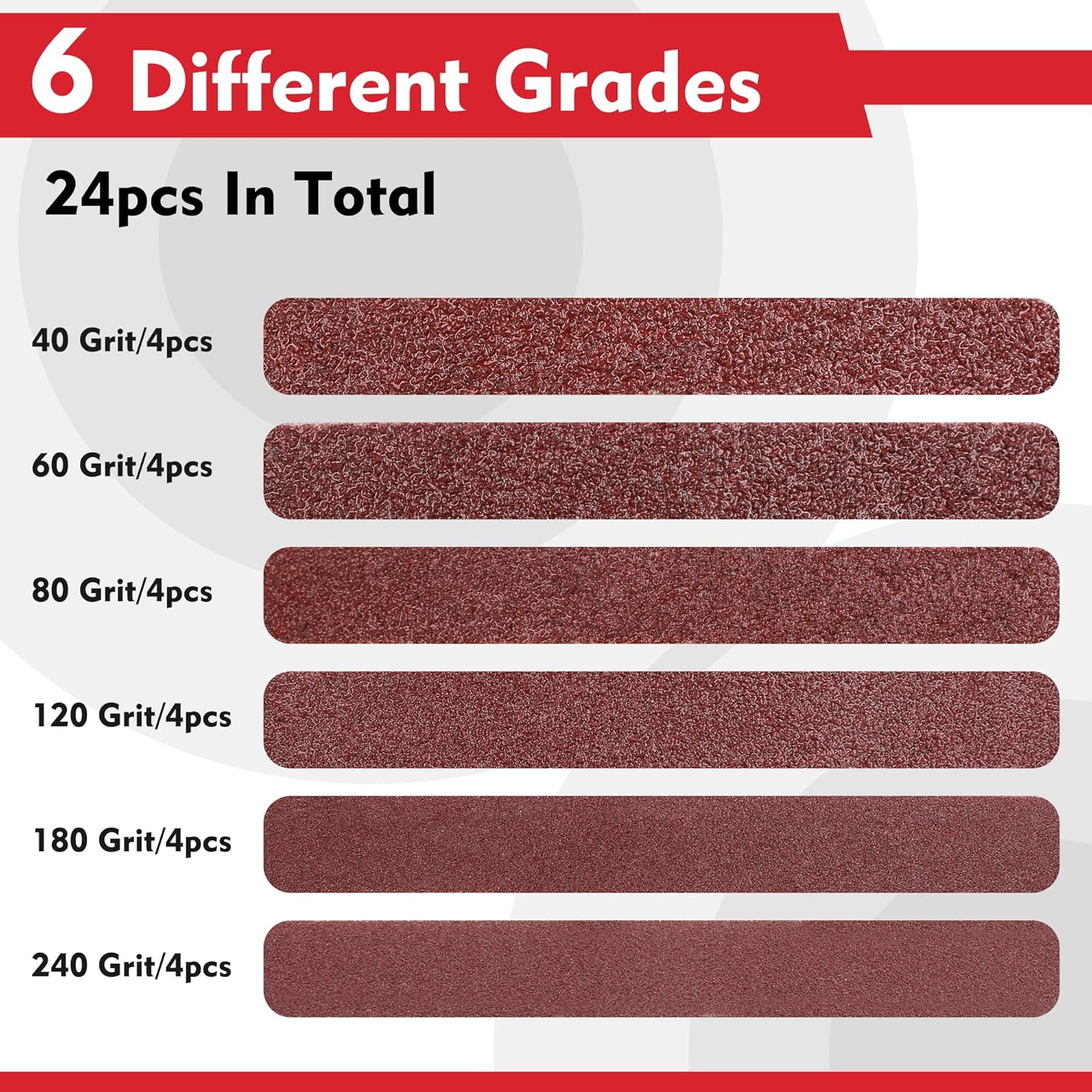 WORKPRO 24 Pack 1/2 x 18 Inch Sanding Belts, Aluminum Oxide Abrasive Belts, 4 Each of 40/60/80/120/180/240 Grits, Belt Sander Tool for Woodworking, Metal Polishing, Red - Image 2