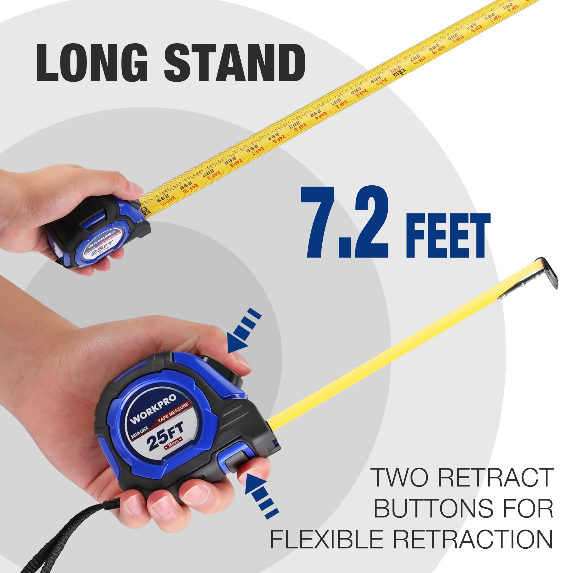 WORKPRO 25 FT Auto-Lock Tape Measure, 1/8 Fractions, 1/32 Double Shot Accuracy Measuring Tape for Engineer,with Magnetic Hook - Image 4