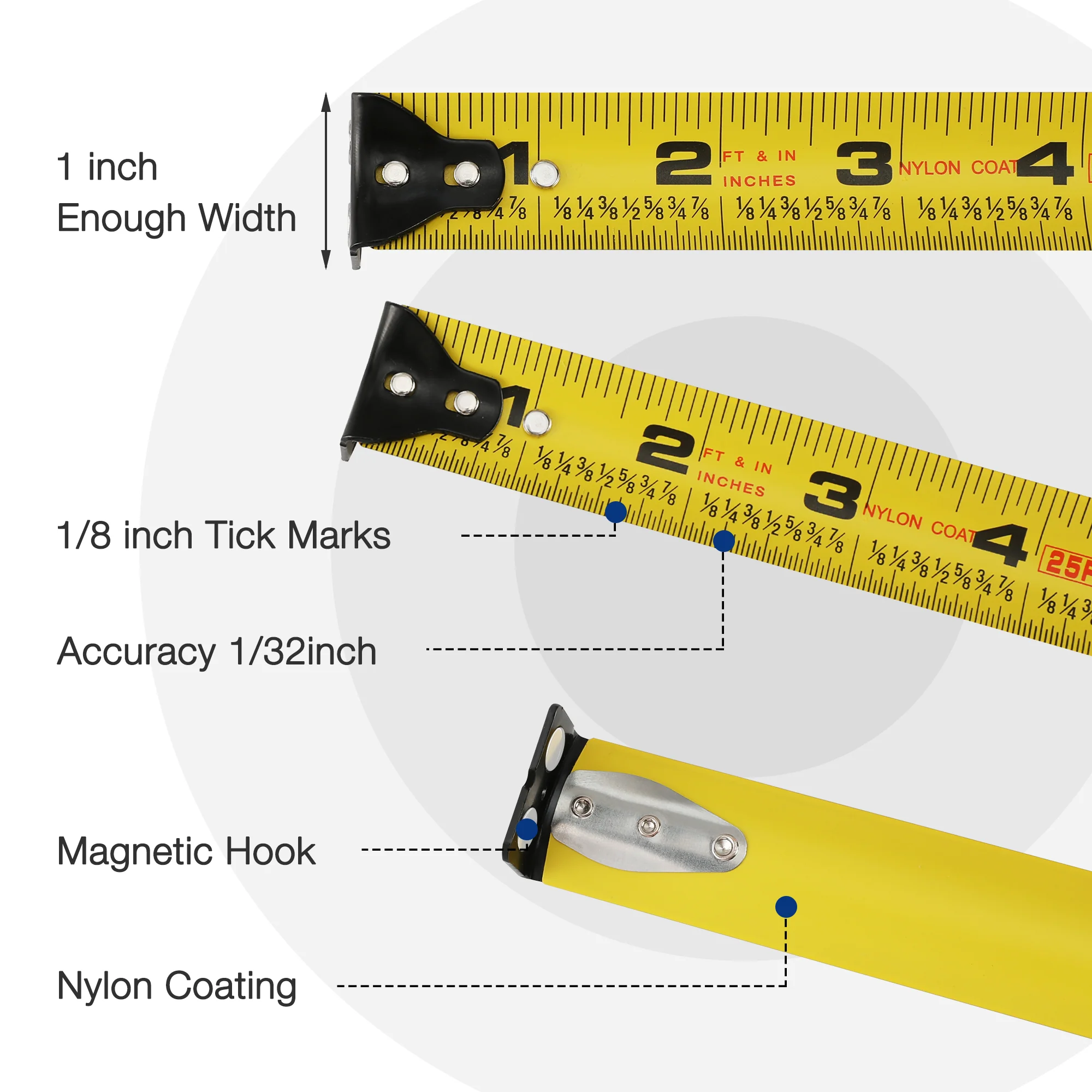 WORKPRO 25 FT Auto-Lock Tape Measure, 1/8 Fractions, 1/32 Double Shot Accuracy Measuring Tape for Engineer,with Magnetic Hook - Image 5