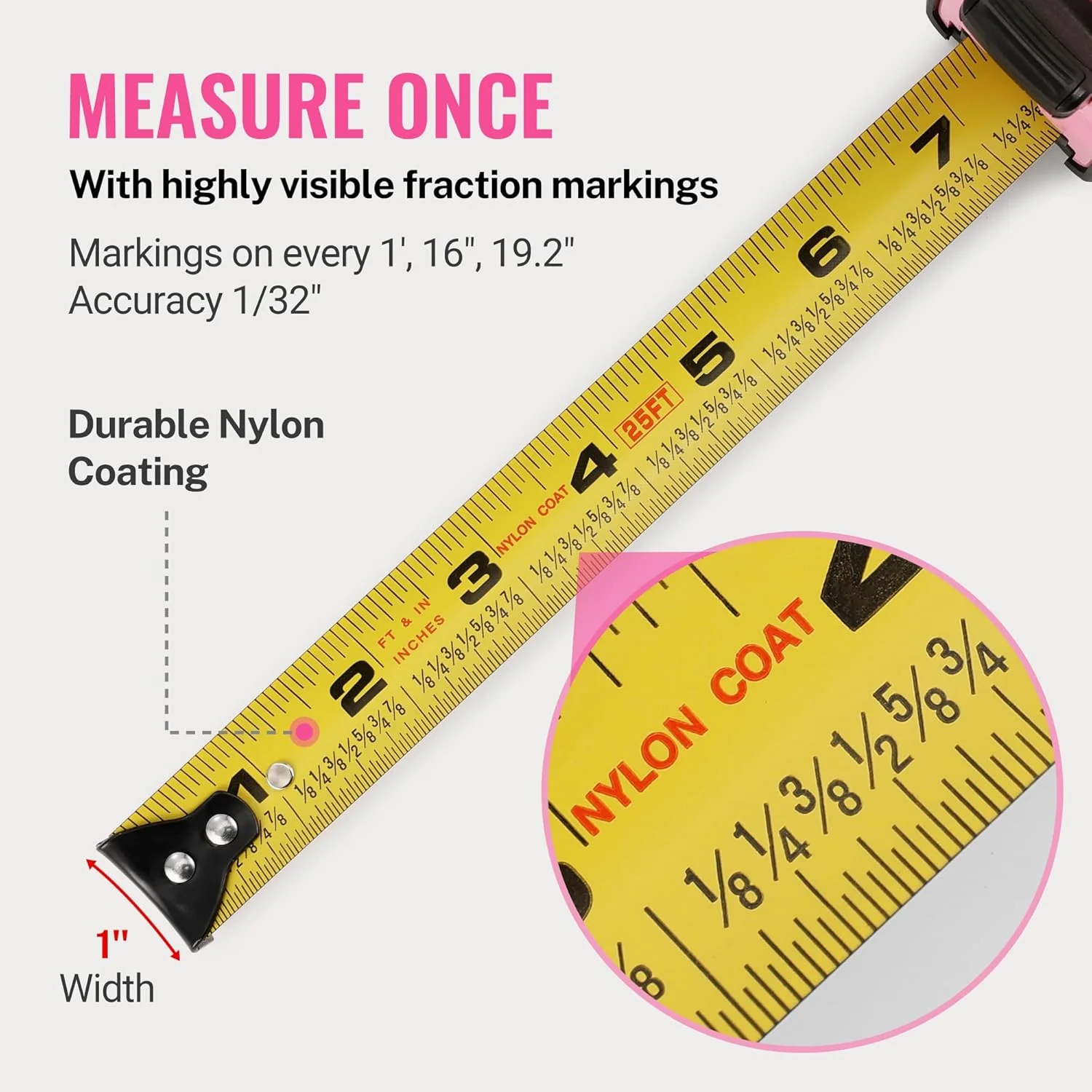 WORKPRO 25-FT Tape Measure with Fractions, 3 Brakes Retractable Measuring Tape, Compact Measurement Tape with Magnetic Hook, Nylon Coating Blade Accuracy 1/32¡±, Pink - Image 2