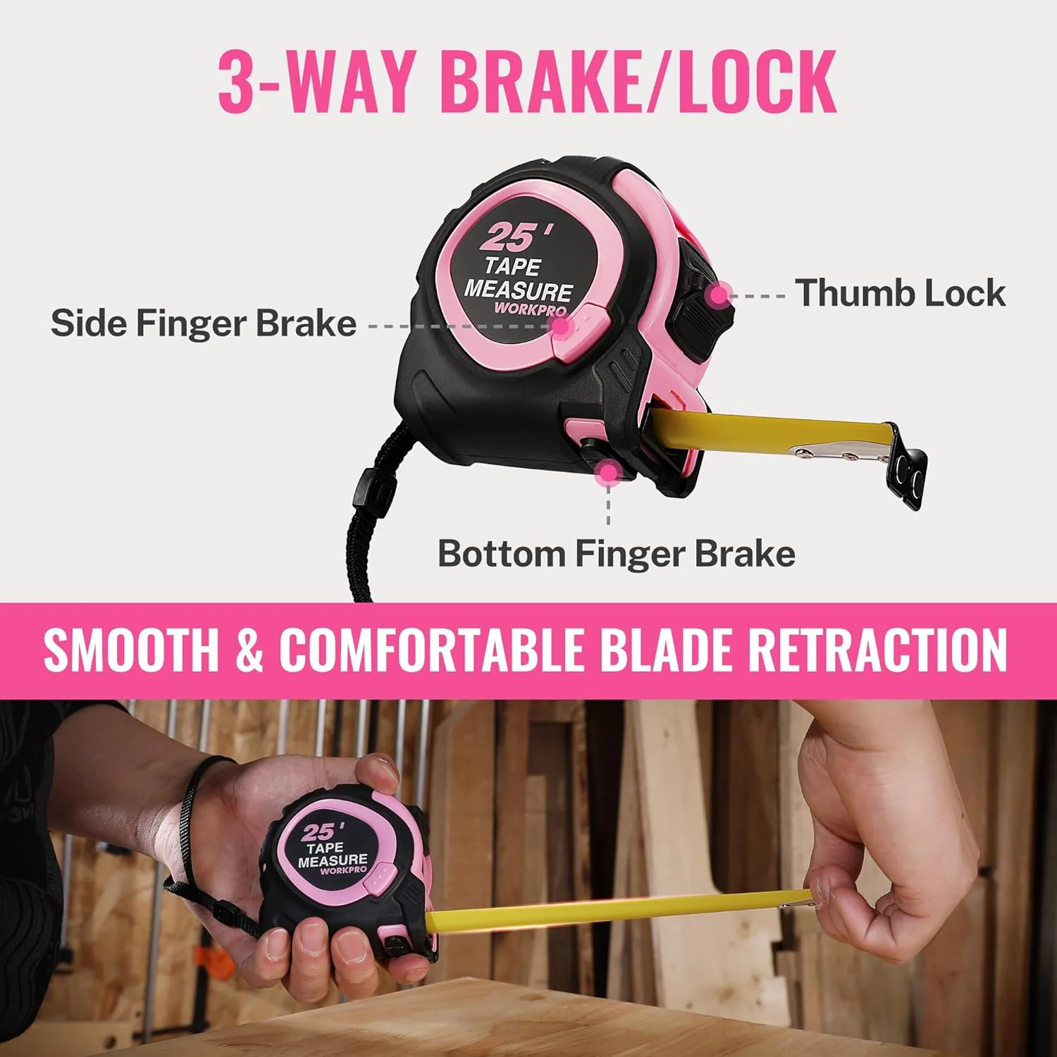 WORKPRO 25-FT Tape Measure with Fractions, 3 Brakes Retractable Measuring Tape, Compact Measurement Tape with Magnetic Hook, Nylon Coating Blade Accuracy 1/32¡±, Pink - Image 3