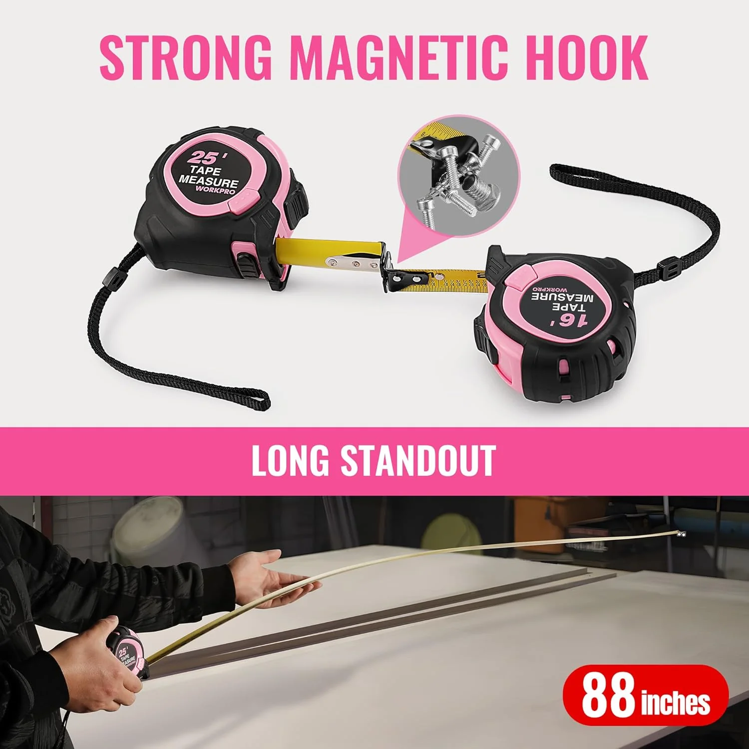 WORKPRO 25-FT Tape Measure with Fractions, 3 Brakes Retractable Measuring Tape, Compact Measurement Tape with Magnetic Hook, Nylon Coating Blade Accuracy 1/32¡±, Pink - Image 4