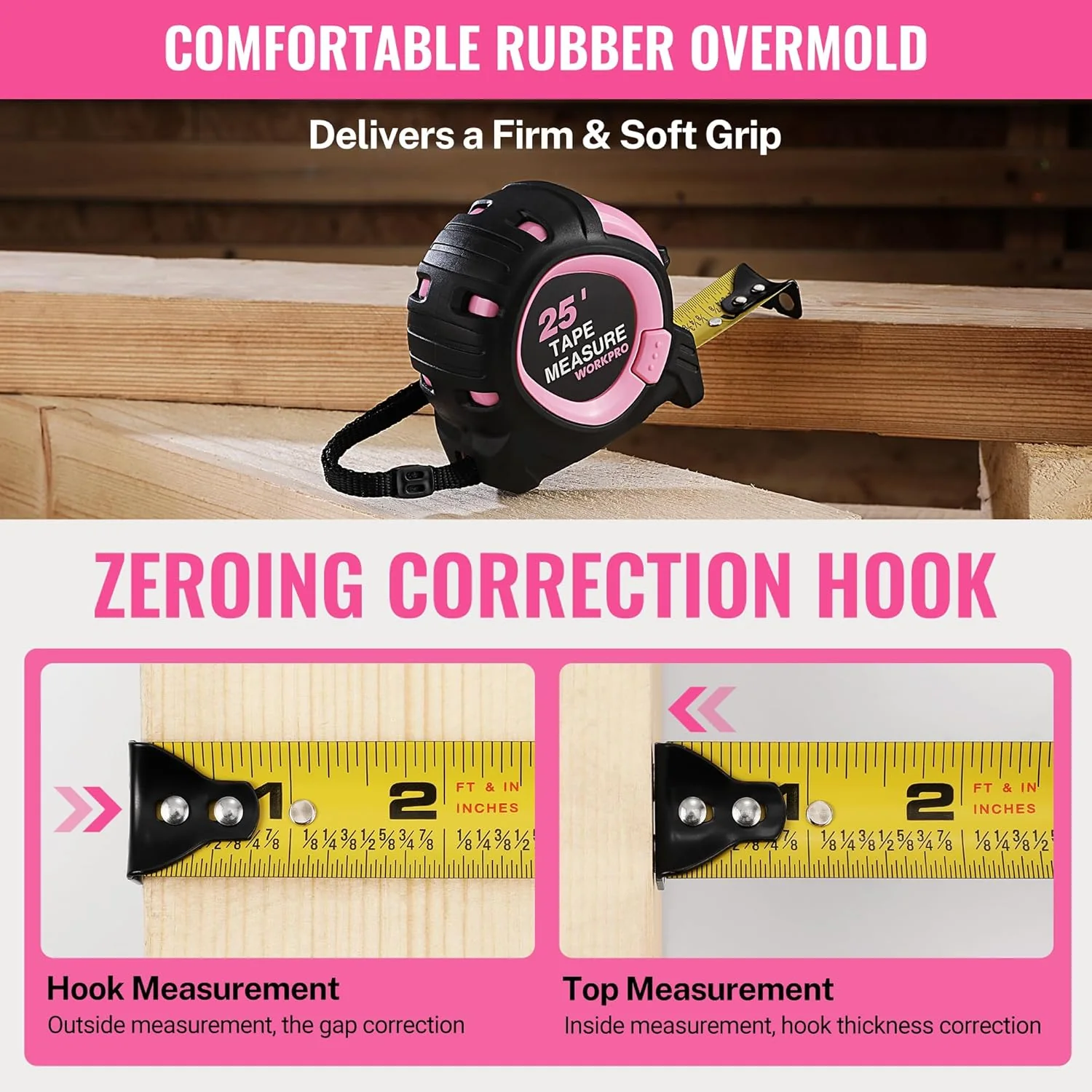 WORKPRO 25-FT Tape Measure with Fractions, 3 Brakes Retractable Measuring Tape, Compact Measurement Tape with Magnetic Hook, Nylon Coating Blade Accuracy 1/32¡±, Pink - Image 5