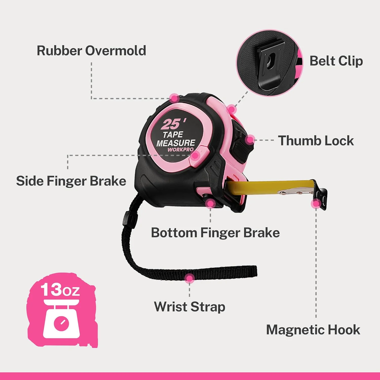 WORKPRO 25-FT Tape Measure with Fractions, 3 Brakes Retractable Measuring Tape, Compact Measurement Tape with Magnetic Hook, Nylon Coating Blade Accuracy 1/32¡±, Pink - Image 6