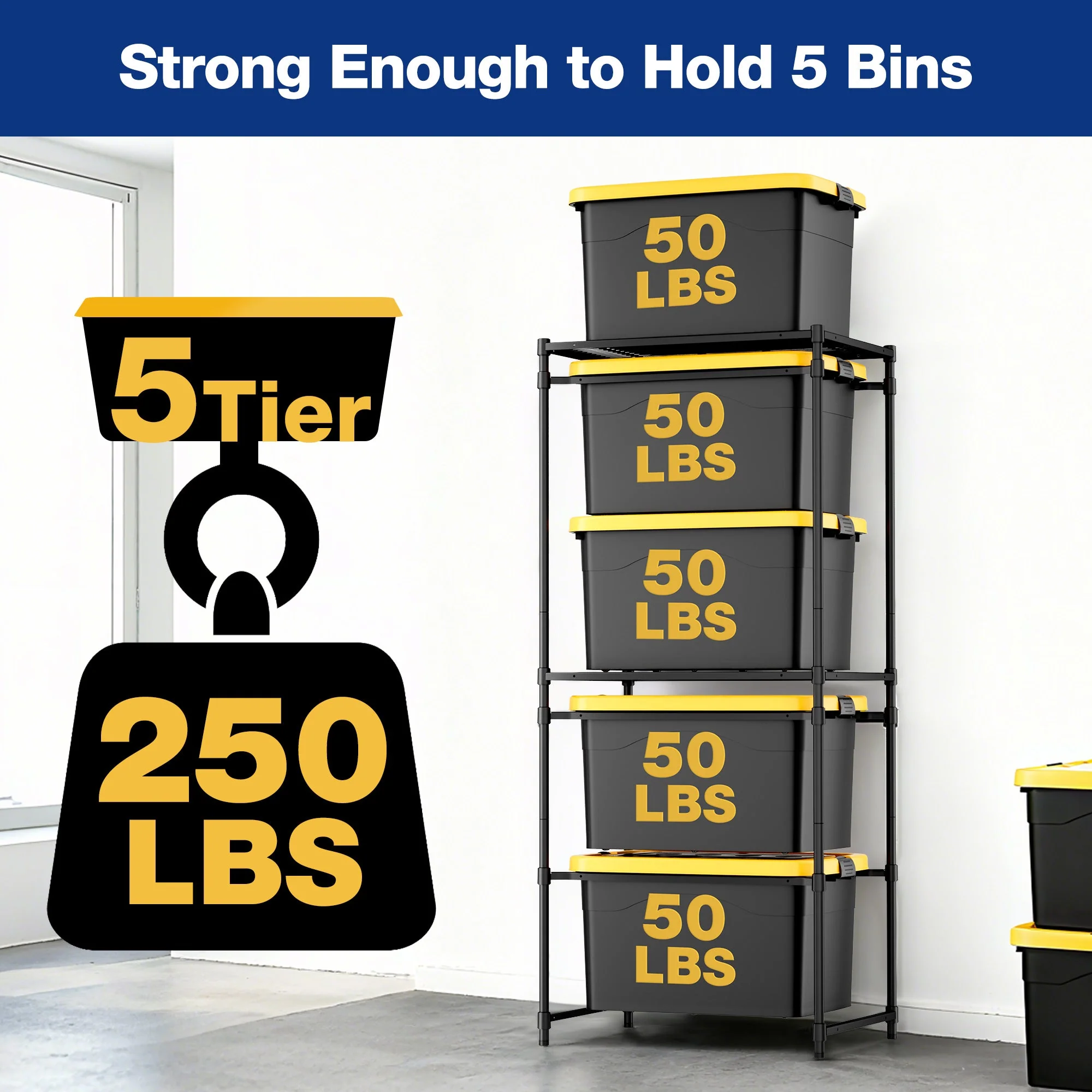 WORKPRO 250 LBS 5-Tier Bin Storage Rack for 27-Gallon Totes, Heavy Duty Metal Shelving Units for Garage, Basement, Pantry, Kitchen, Workspace, or Laundry Room, 30.5" x 22.5" x 69", Black - Image 2