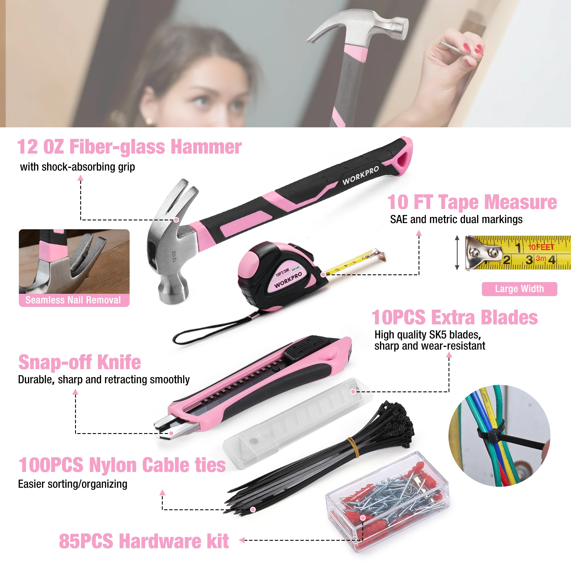 WORKPRO 258PCS / 284PCS Complete Household Tool Set - Pink Ribbon - Image 10