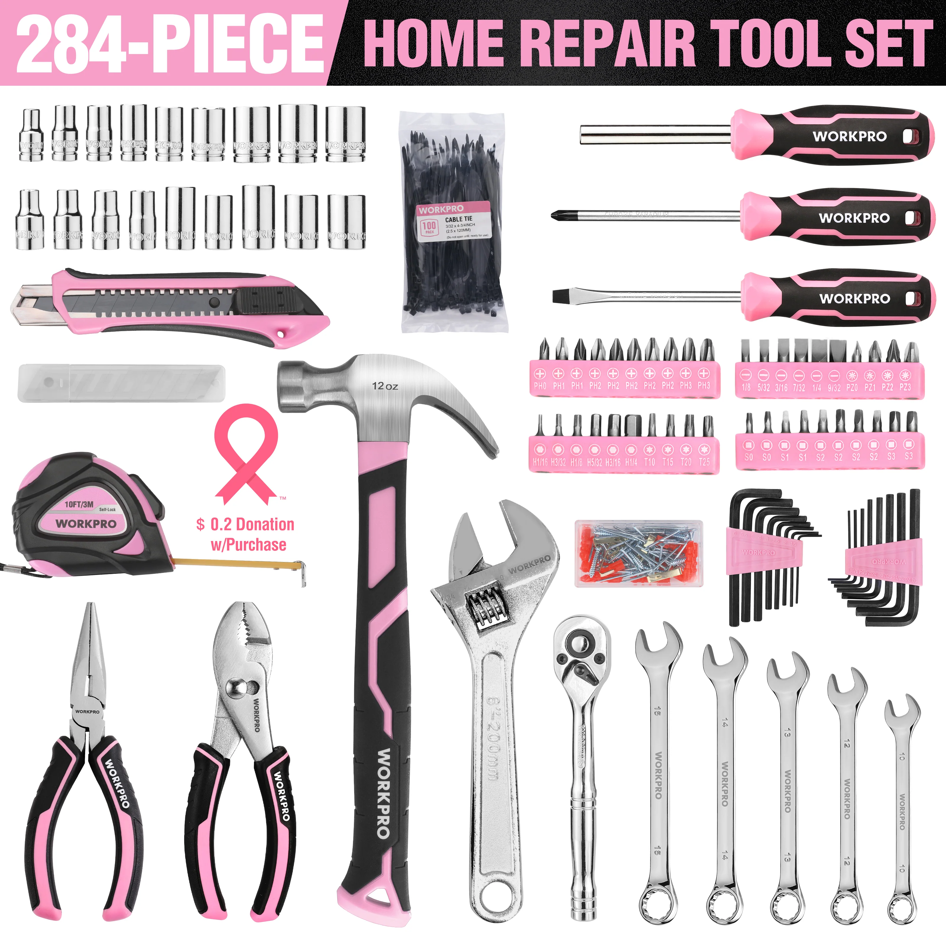 WORKPRO 258PCS / 284PCS Complete Household Tool Set - Pink Ribbon - Image 11
