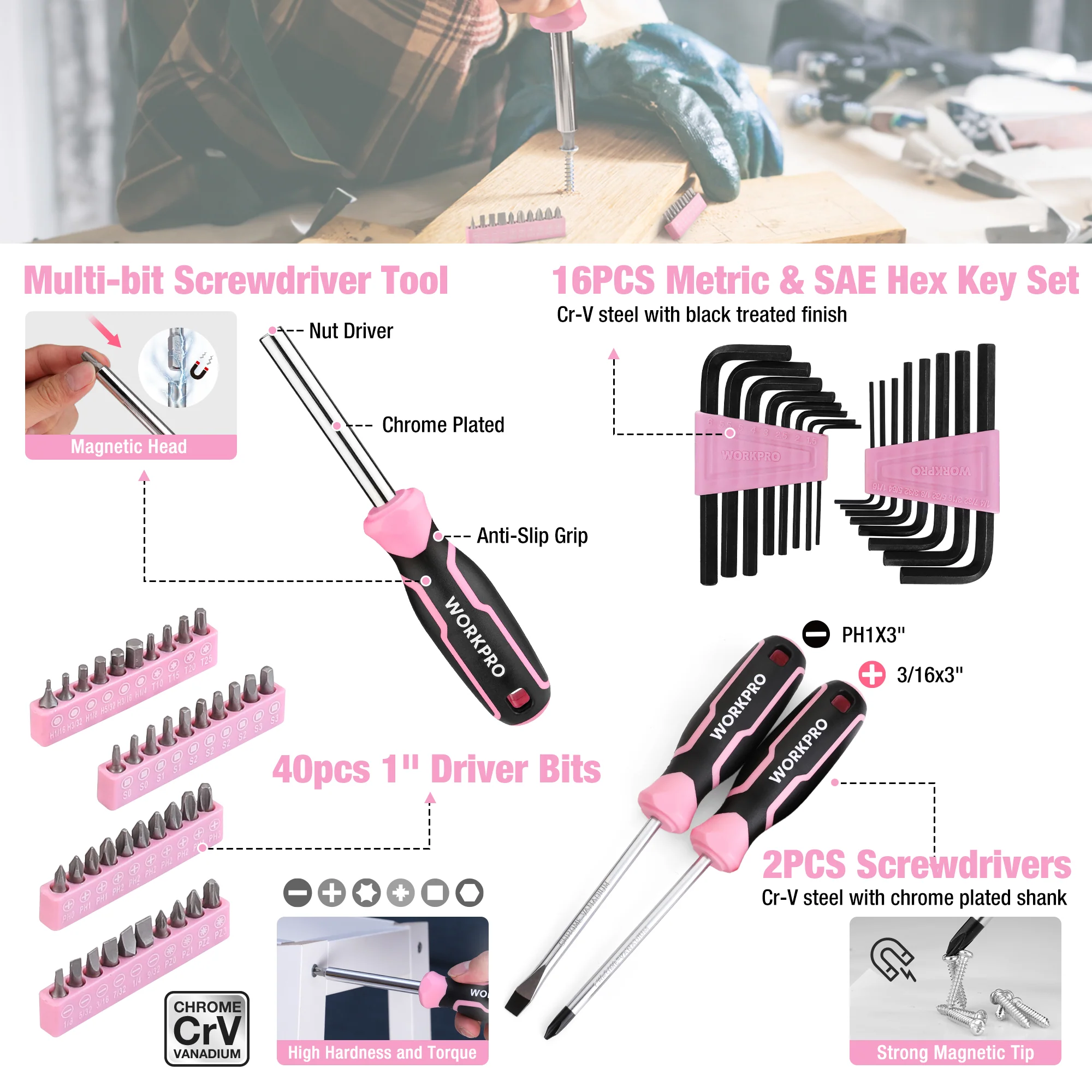 WORKPRO 258PCS / 284PCS Complete Household Tool Set - Pink Ribbon - Image 12