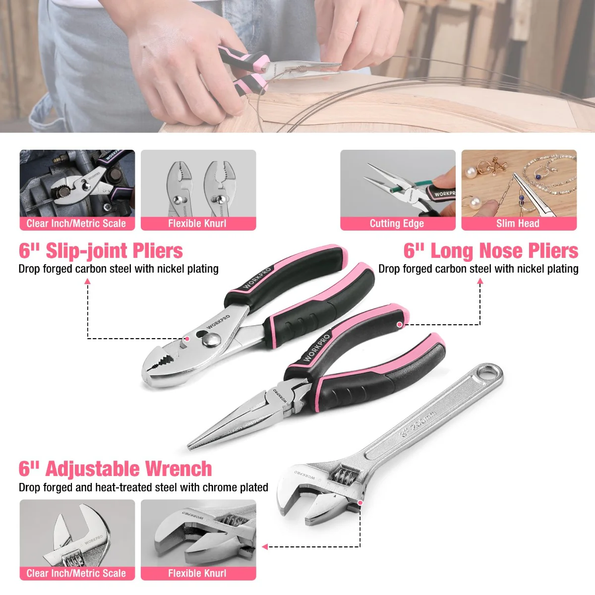 WORKPRO 258PCS / 284PCS Complete Household Tool Set - Pink Ribbon - Image 13
