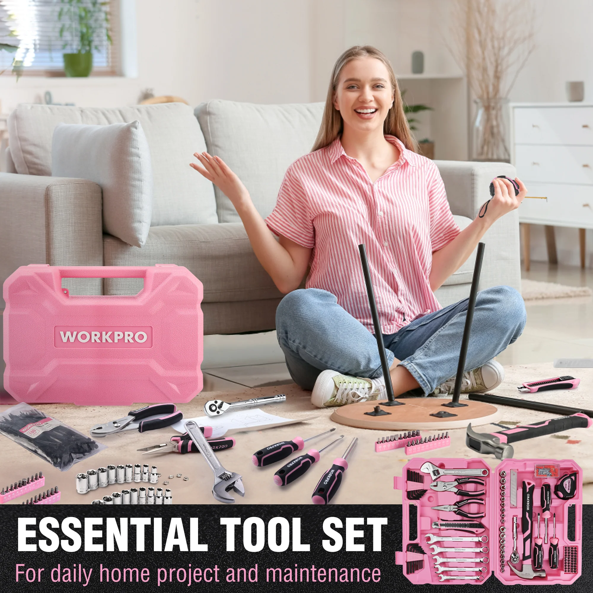 WORKPRO 258PCS / 284PCS Complete Household Tool Set - Pink Ribbon - Image 16