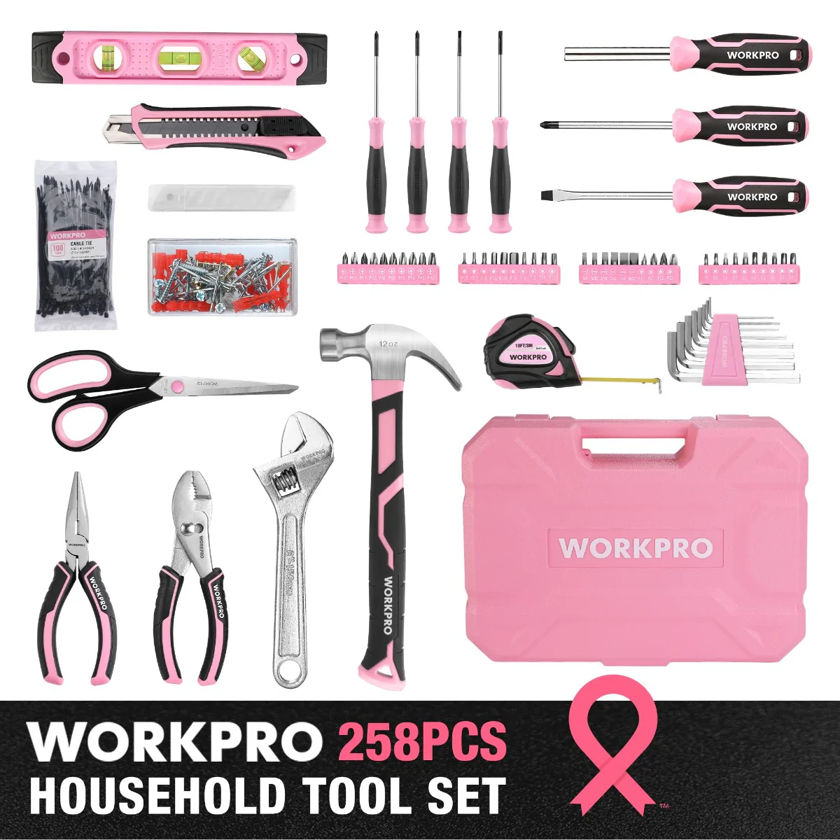 WORKPRO 258PCS / 284PCS Complete Household Tool Set - Pink Ribbon - Image 2