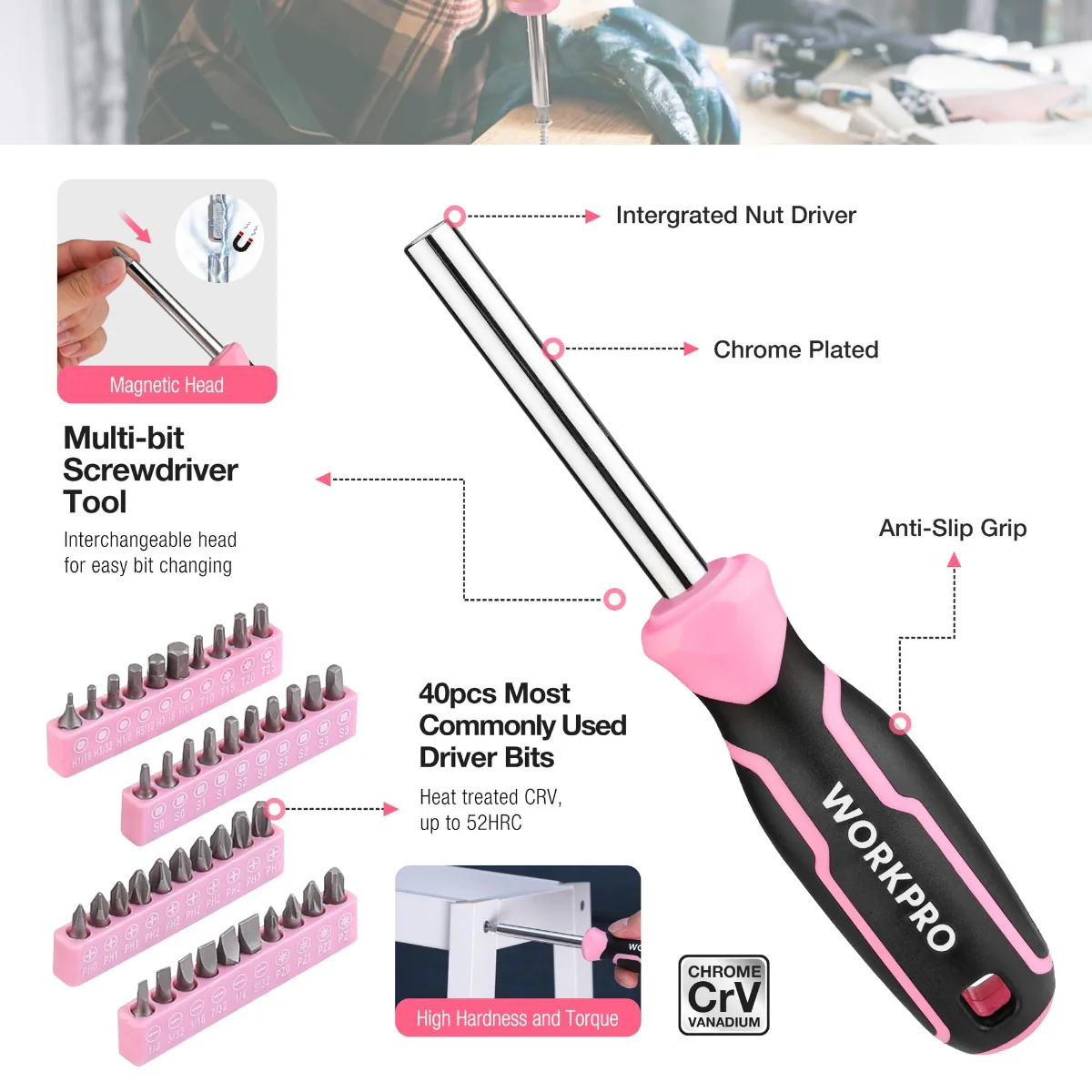 WORKPRO 258PCS / 284PCS Complete Household Tool Set - Pink Ribbon - Image 6