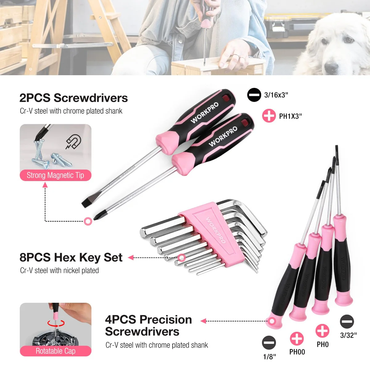 WORKPRO 258PCS / 284PCS Complete Household Tool Set - Pink Ribbon - Image 7
