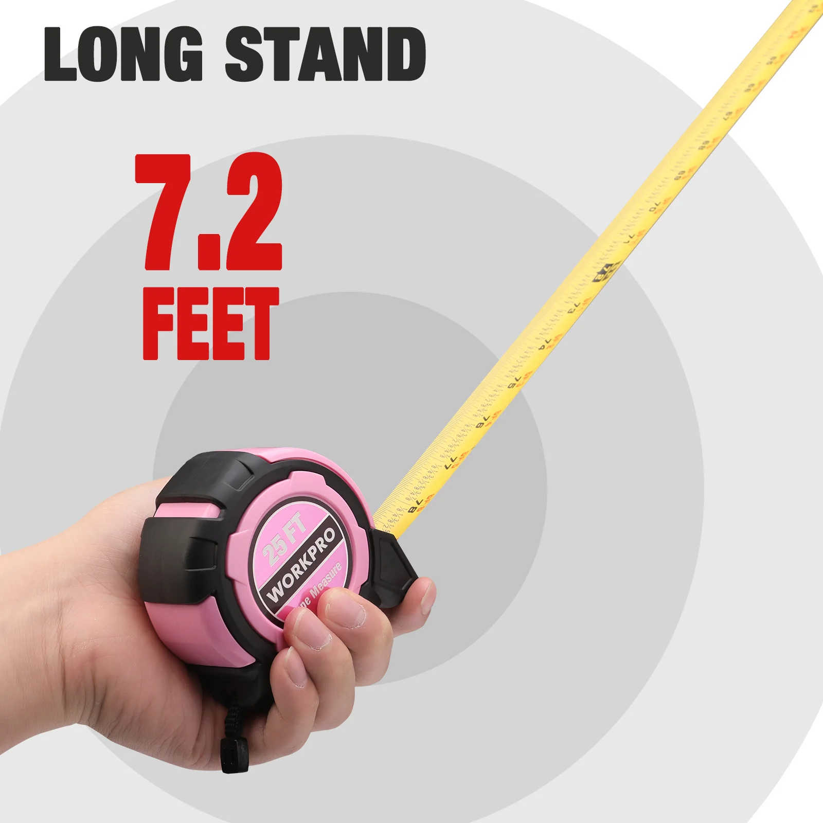WORKPRO 25FT Pink Magnetic Hook Measuring Tape, 1/32" Accuracy with Retractable Nylon Coating & Belt Clip - Pink Ribbon - Image 5