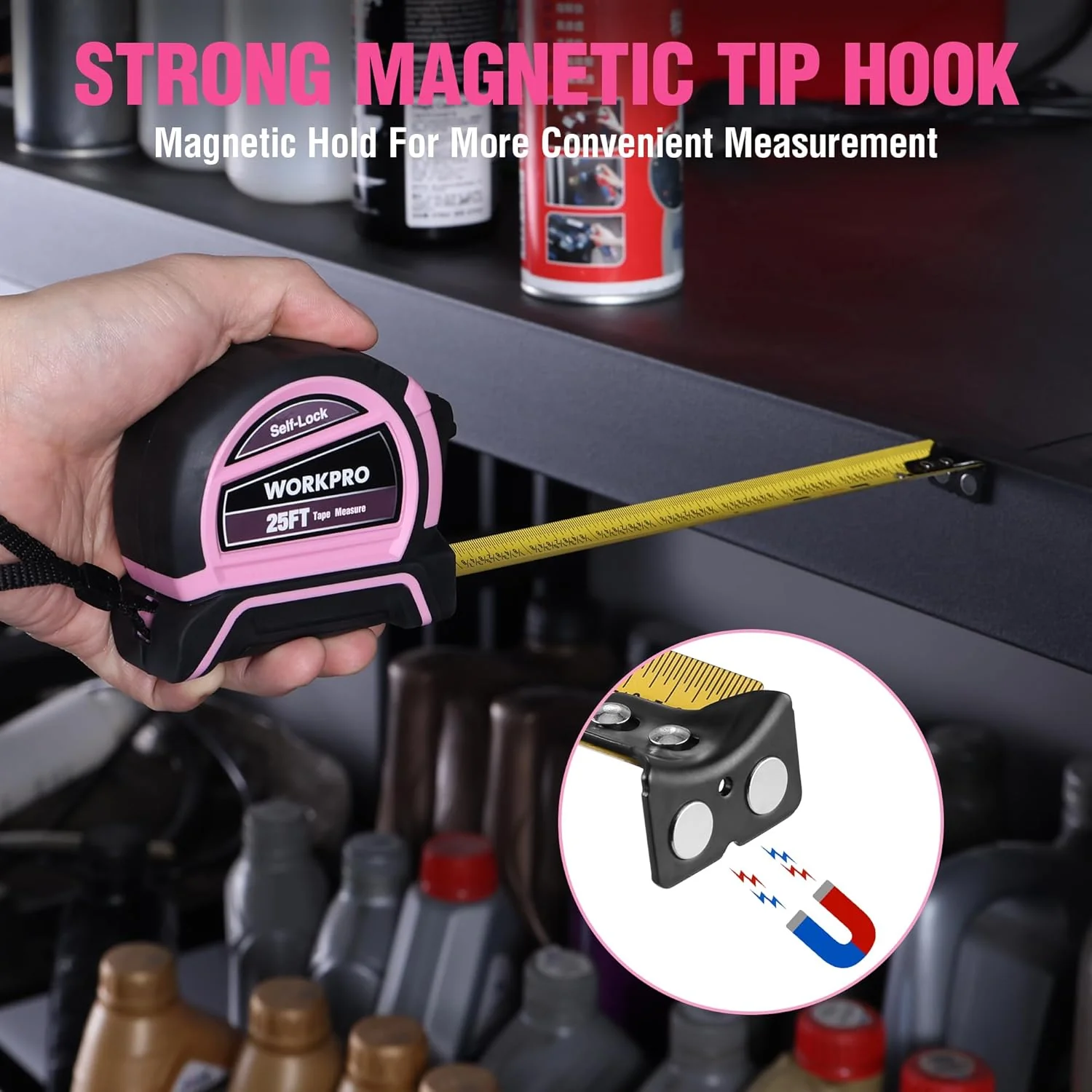 WORKPRO 25FT Pink Tape Measure, Dual Lock Tape Measure with Fractions Every 1/8" and 1/32" Accuracy, Quick Read, Nylon Coated with Magnetic Hook, Shock-Resistant Case and Belt Clip - Pink Ribbon - Image 4