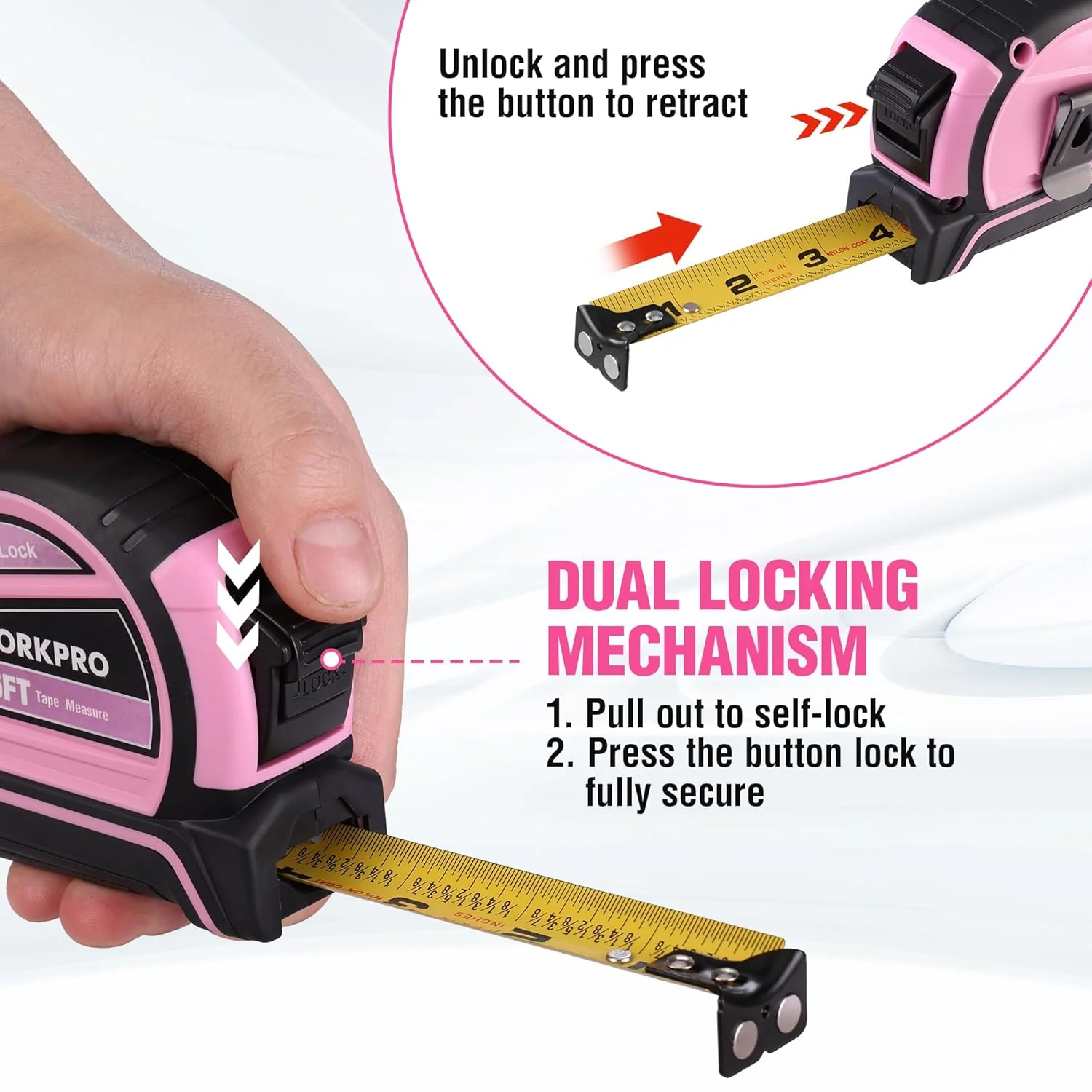 WORKPRO 25FT Pink Tape Measure, Dual Lock Tape Measure with Fractions Every 1/8" and 1/32" Accuracy, Quick Read, Nylon Coated with Magnetic Hook, Shock-Resistant Case and Belt Clip - Pink Ribbon - Image 5