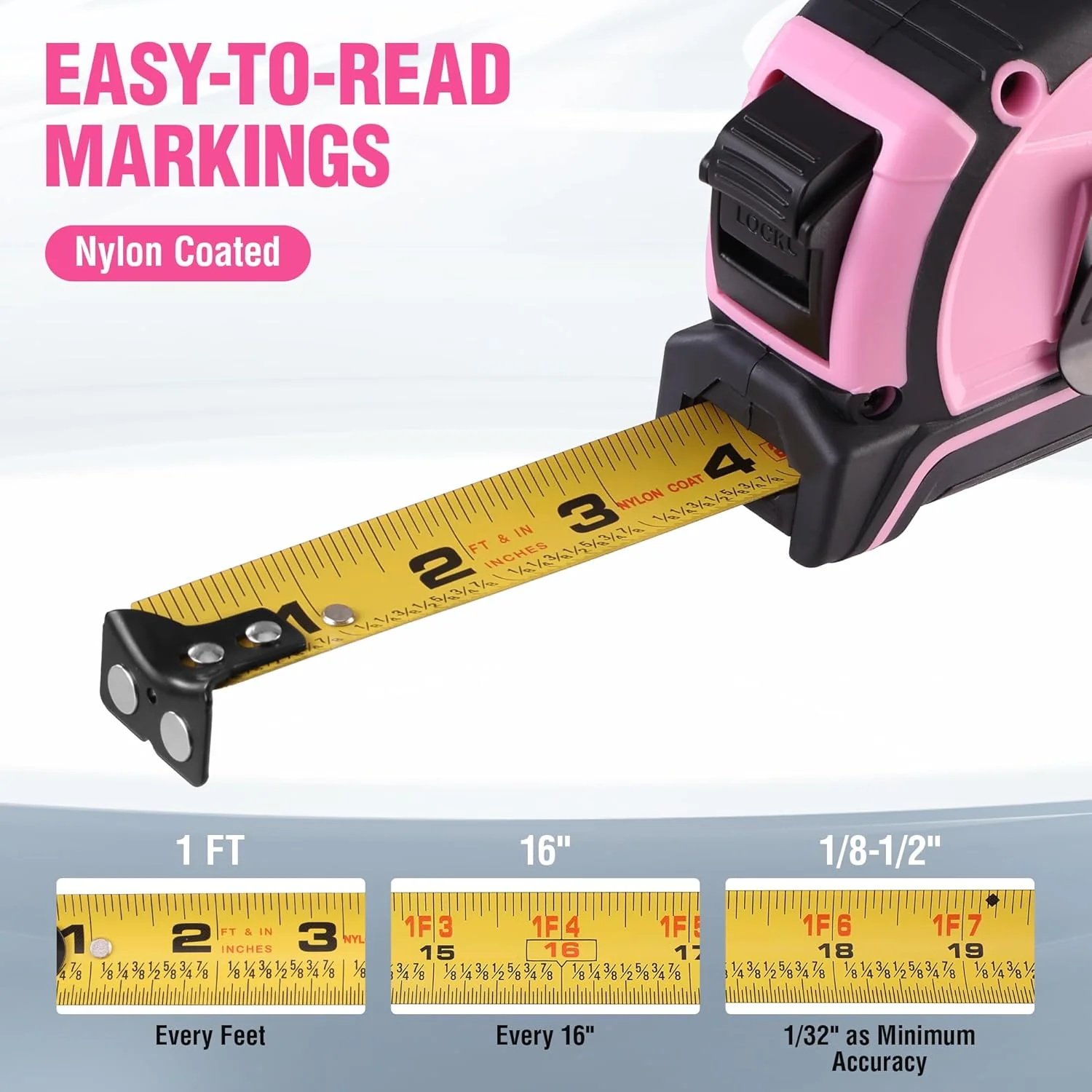 WORKPRO 25FT Pink Tape Measure, Dual Lock Tape Measure with Fractions Every 1/8" and 1/32" Accuracy, Quick Read, Nylon Coated with Magnetic Hook, Shock-Resistant Case and Belt Clip - Pink Ribbon - Image 7