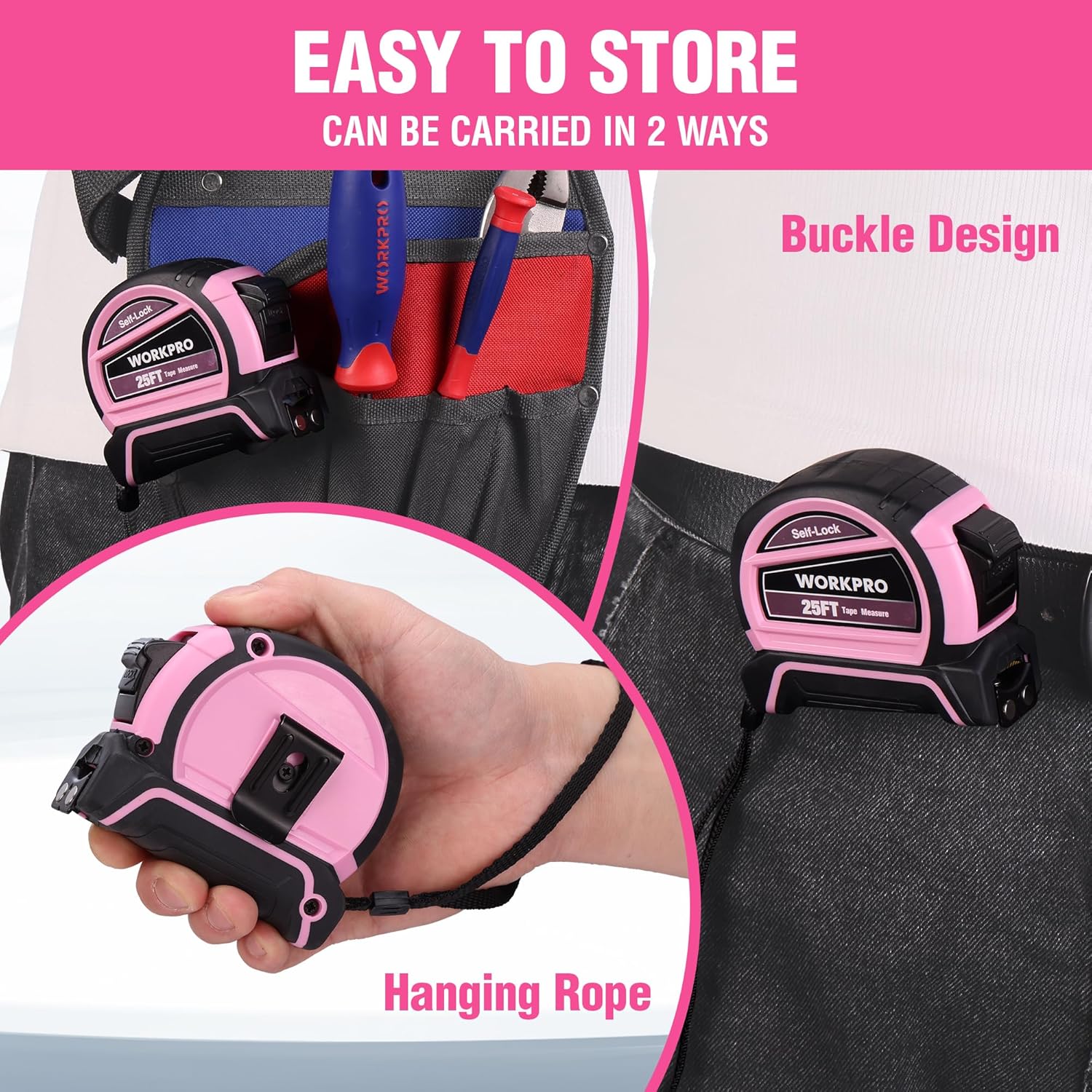 WORKPRO 25FT Pink Tape Measure, Dual Lock Tape Measure with Fractions Every 1/8" and 1/32" Accuracy, Quick Read, Nylon Coated with Magnetic Hook, Shock-Resistant Case and Belt Clip - Pink Ribbon - Image 8