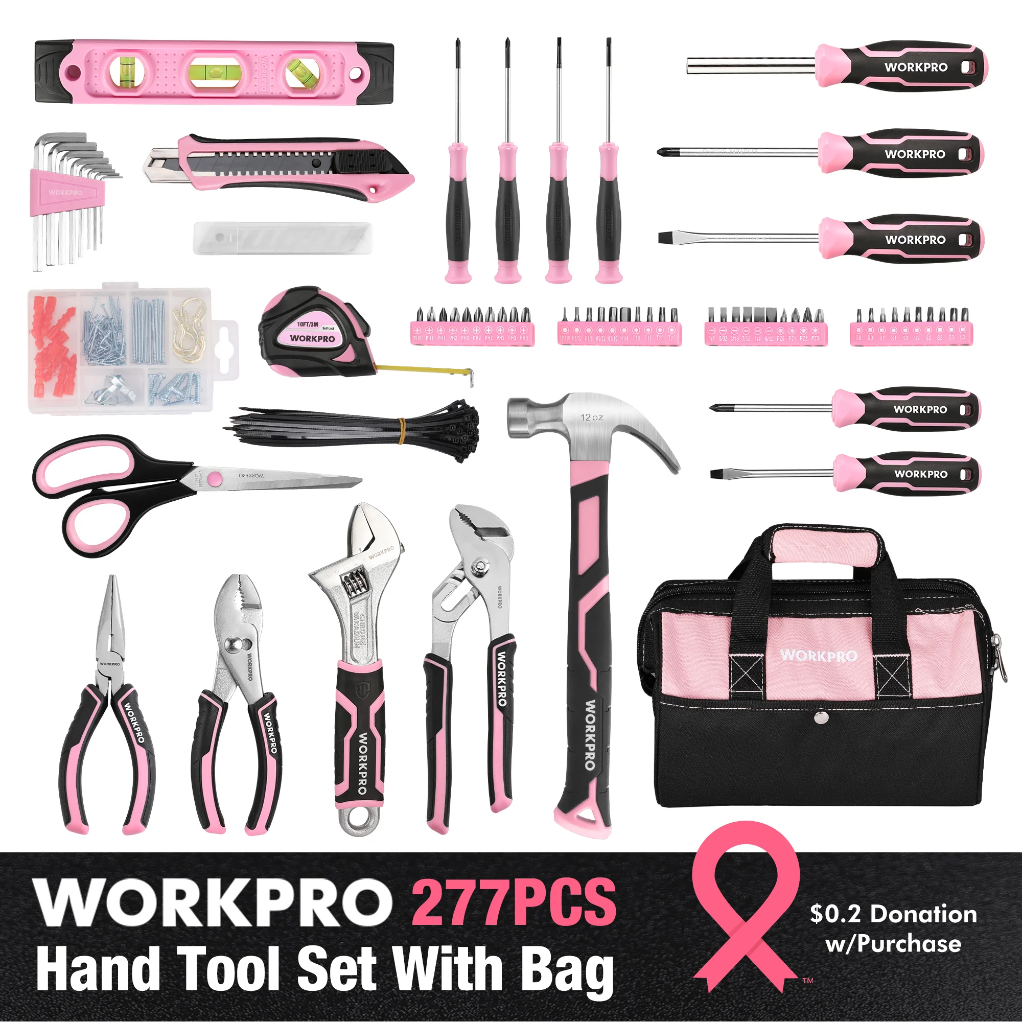 WORKPRO 263 Pcs / 277 Pcs Pink Tool Set with Wide Mouth Open Storage Bag - Pink Ribbon - Image 10