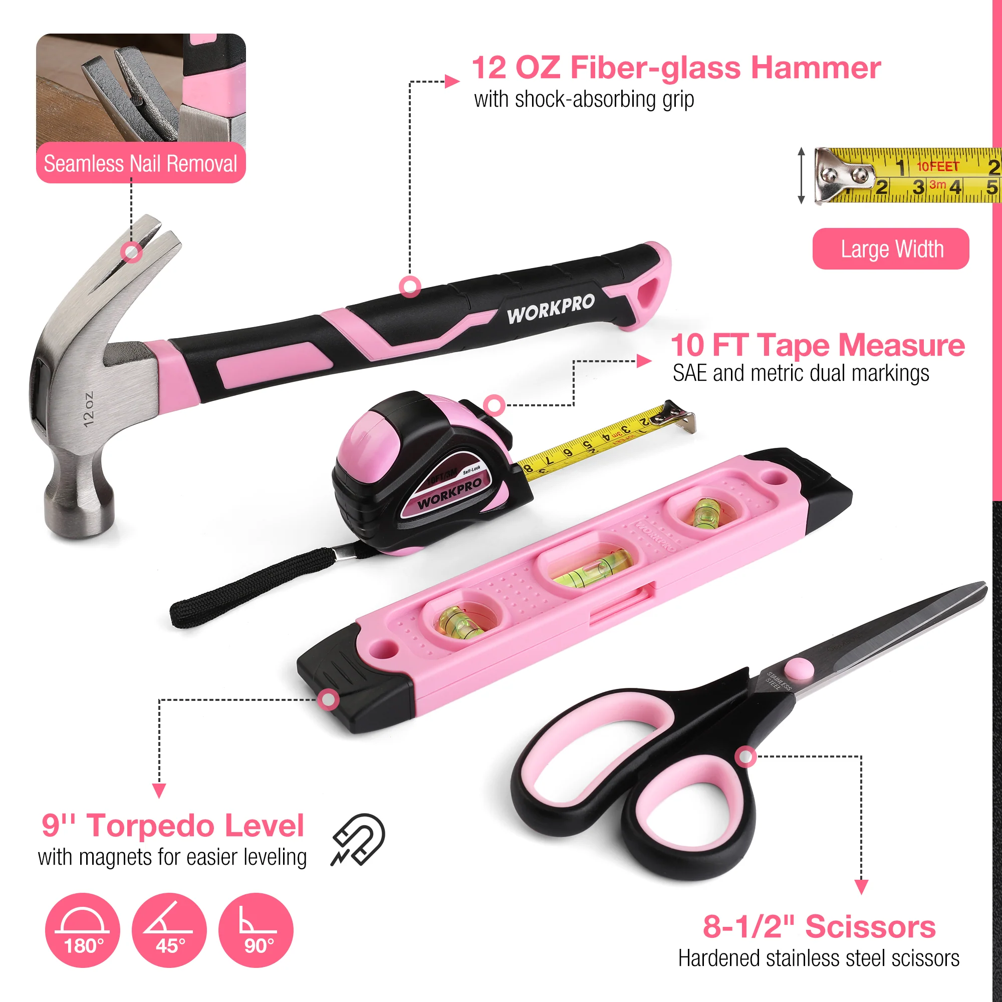 WORKPRO 263 Pcs / 277 Pcs Pink Tool Set with Wide Mouth Open Storage Bag - Pink Ribbon - Image 11