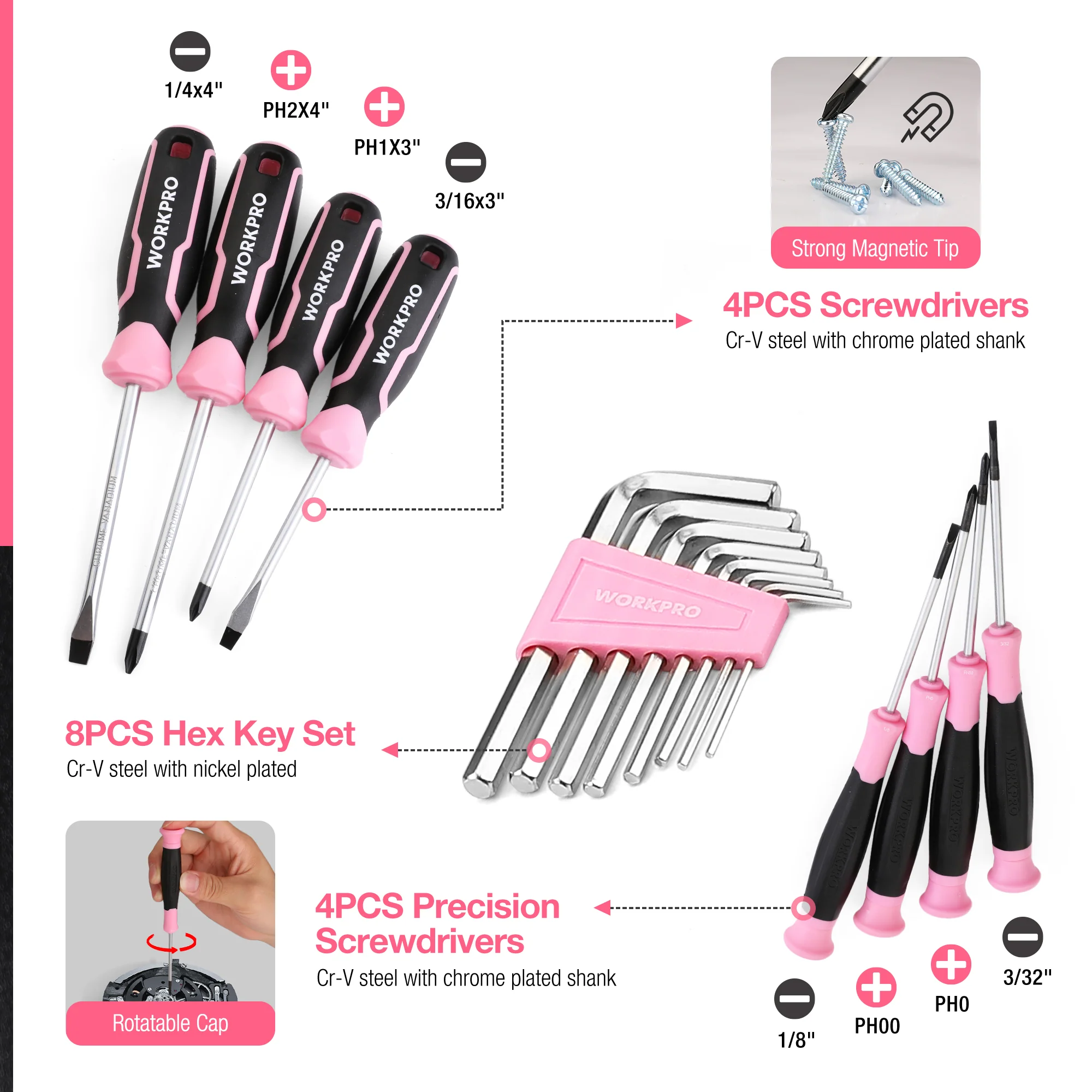 WORKPRO 263 Pcs / 277 Pcs Pink Tool Set with Wide Mouth Open Storage Bag - Pink Ribbon - Image 13