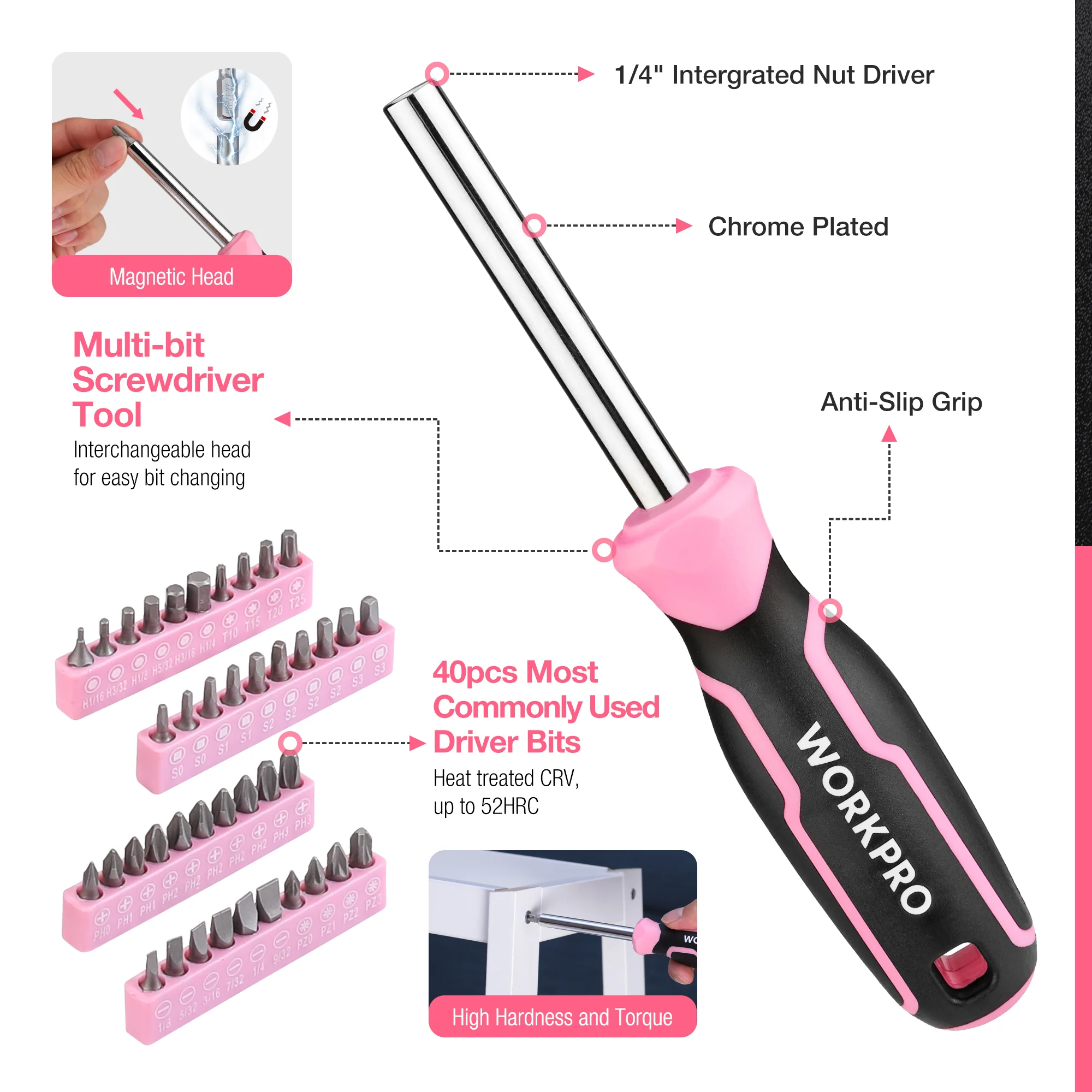 WORKPRO 263 Pcs / 277 Pcs Pink Tool Set with Wide Mouth Open Storage Bag - Pink Ribbon - Image 14