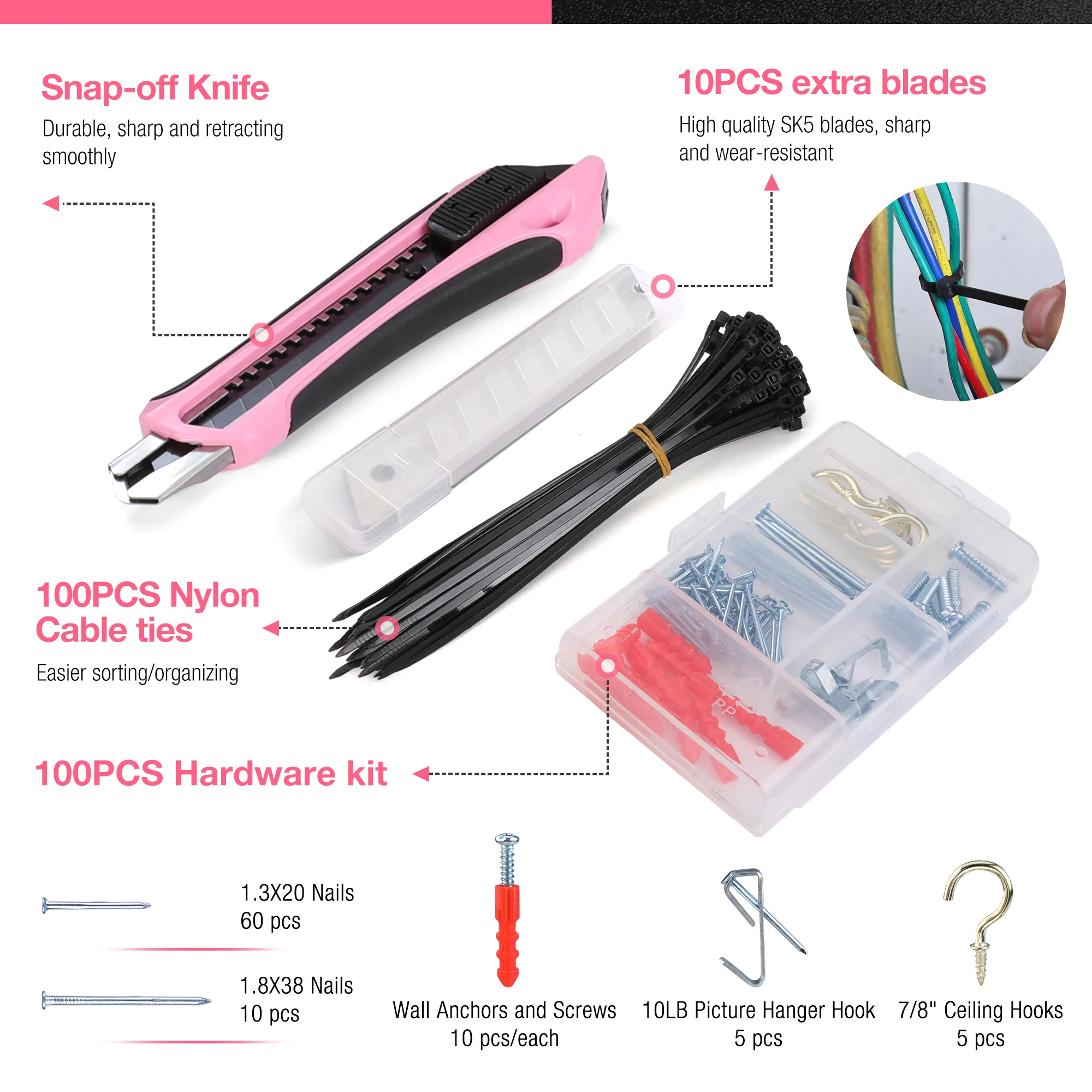 WORKPRO 263 Pcs / 277 Pcs Pink Tool Set with Wide Mouth Open Storage Bag - Pink Ribbon - Image 15