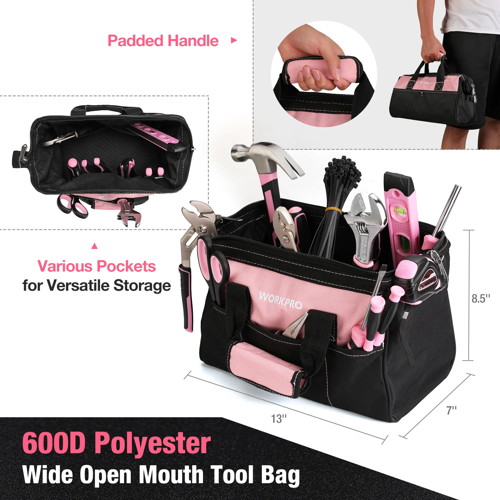 WORKPRO 263 Pcs / 277 Pcs Pink Tool Set with Wide Mouth Open Storage Bag - Pink Ribbon - Image 16