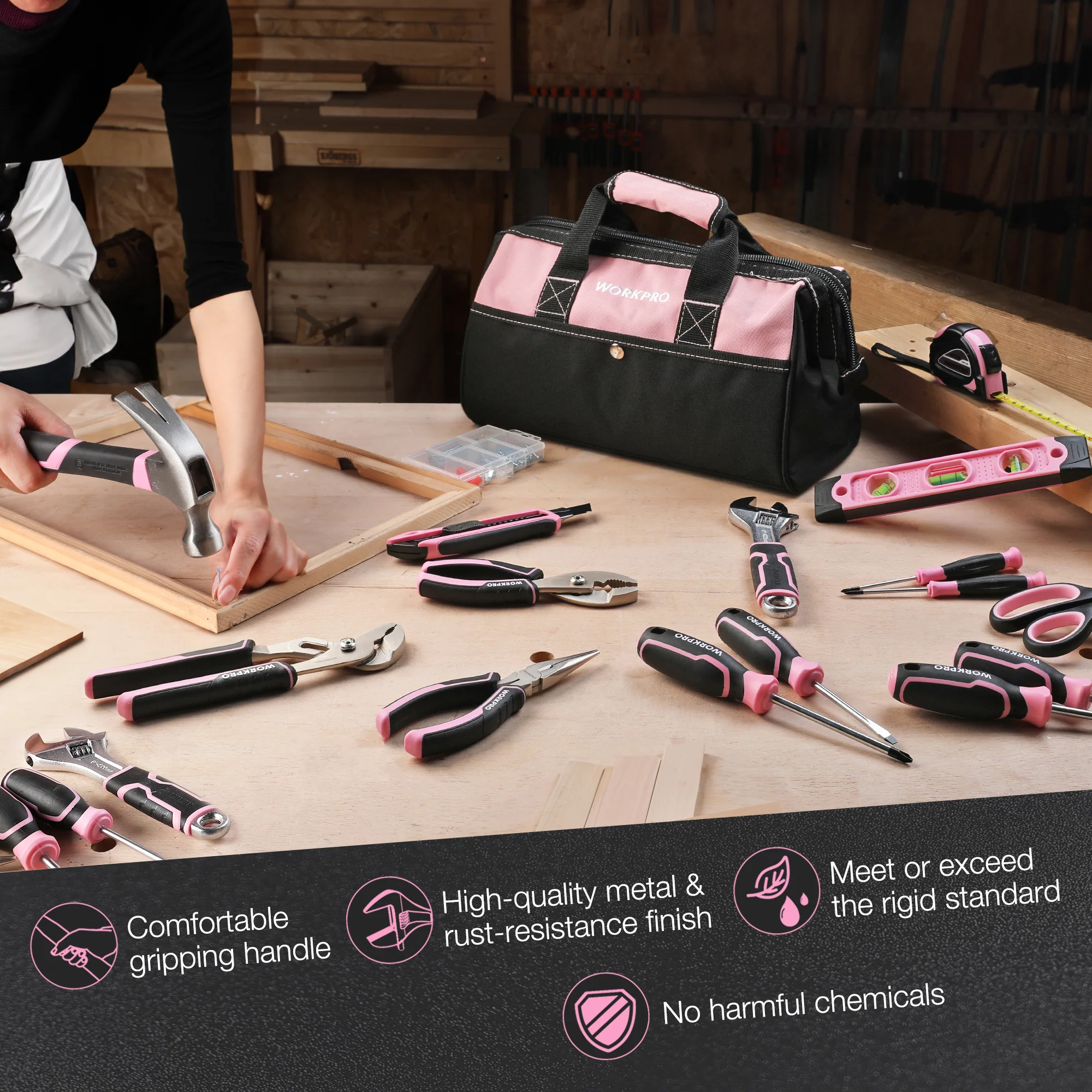 WORKPRO 263 Pcs / 277 Pcs Pink Tool Set with Wide Mouth Open Storage Bag - Pink Ribbon - Image 2