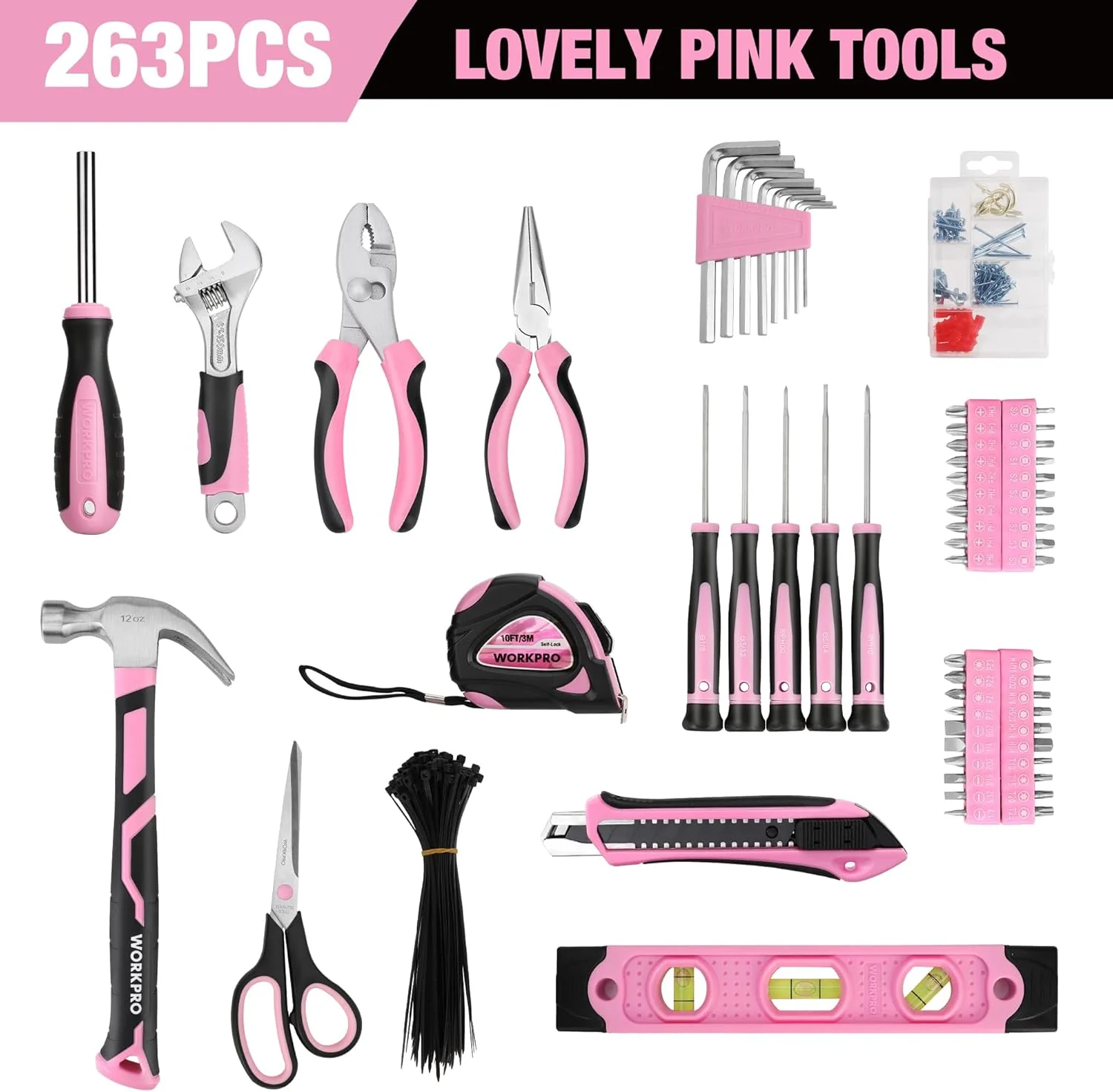 WORKPRO 263 Pcs / 277 Pcs Pink Tool Set with Wide Mouth Open Storage Bag - Pink Ribbon - Image 4