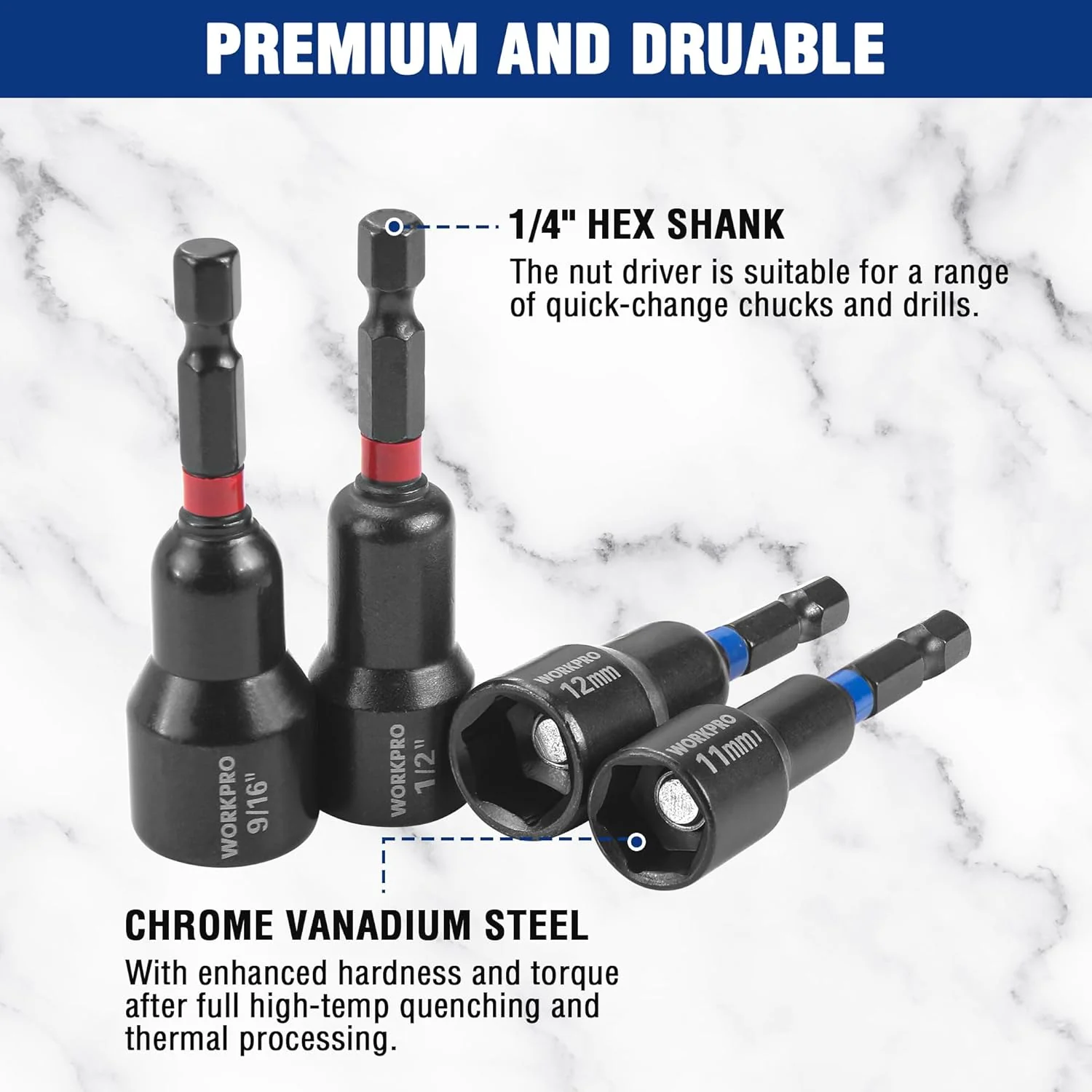 WORKPRO 27 PCS Magnetic Nut Driver Set, Impact Drill Driver Bit 1/4" Hex Shank, SAE & Metric Cr-V Steel Power Nut Drivers with Quick-release Extensions, Impact Socket Adapters, Bit Holder and Toolbox - Image 3