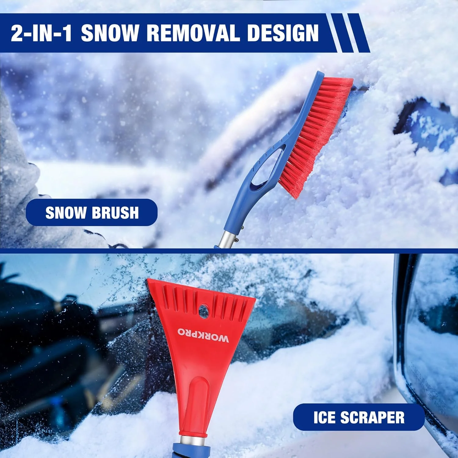 WORKPRO 27" Snow Brush and Ice Scraper for Car Windshield, Car Snow Brush and Ice Scraper with Foam Grip, 2-in-1 Detachable Snow Removal Tool, Storage Bag Included, 2 PC - Image 2