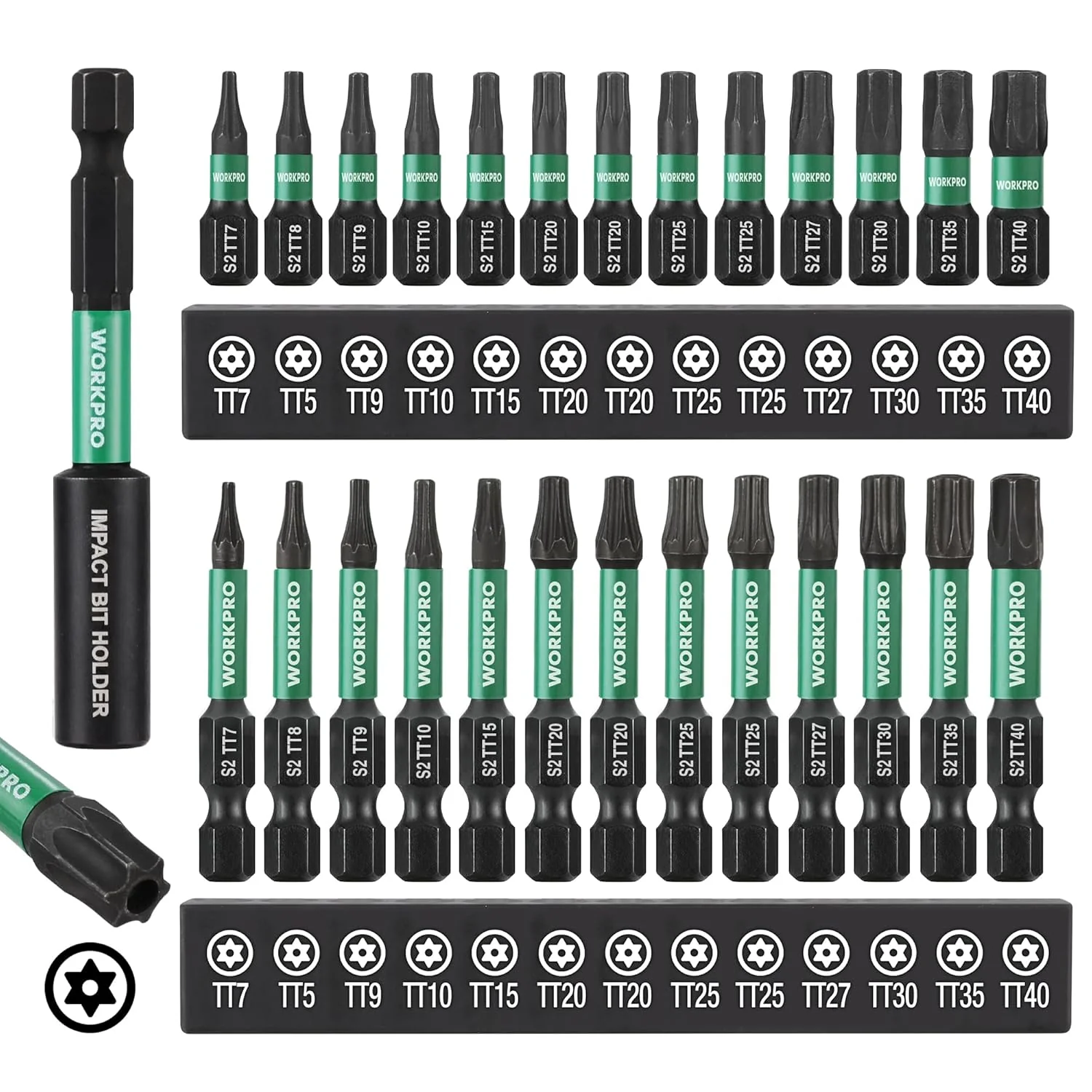 WORKPRO 27pcs Impact Torx Bit Set (TT7-TT40), Security Torx Bit Set, CNC Machined S2 Steel Tamper Proof Torx Bit with Magnetic Tip, 1/4" Hex-Shank, 1"&2" Long Star Bits with Extension and Storage Box