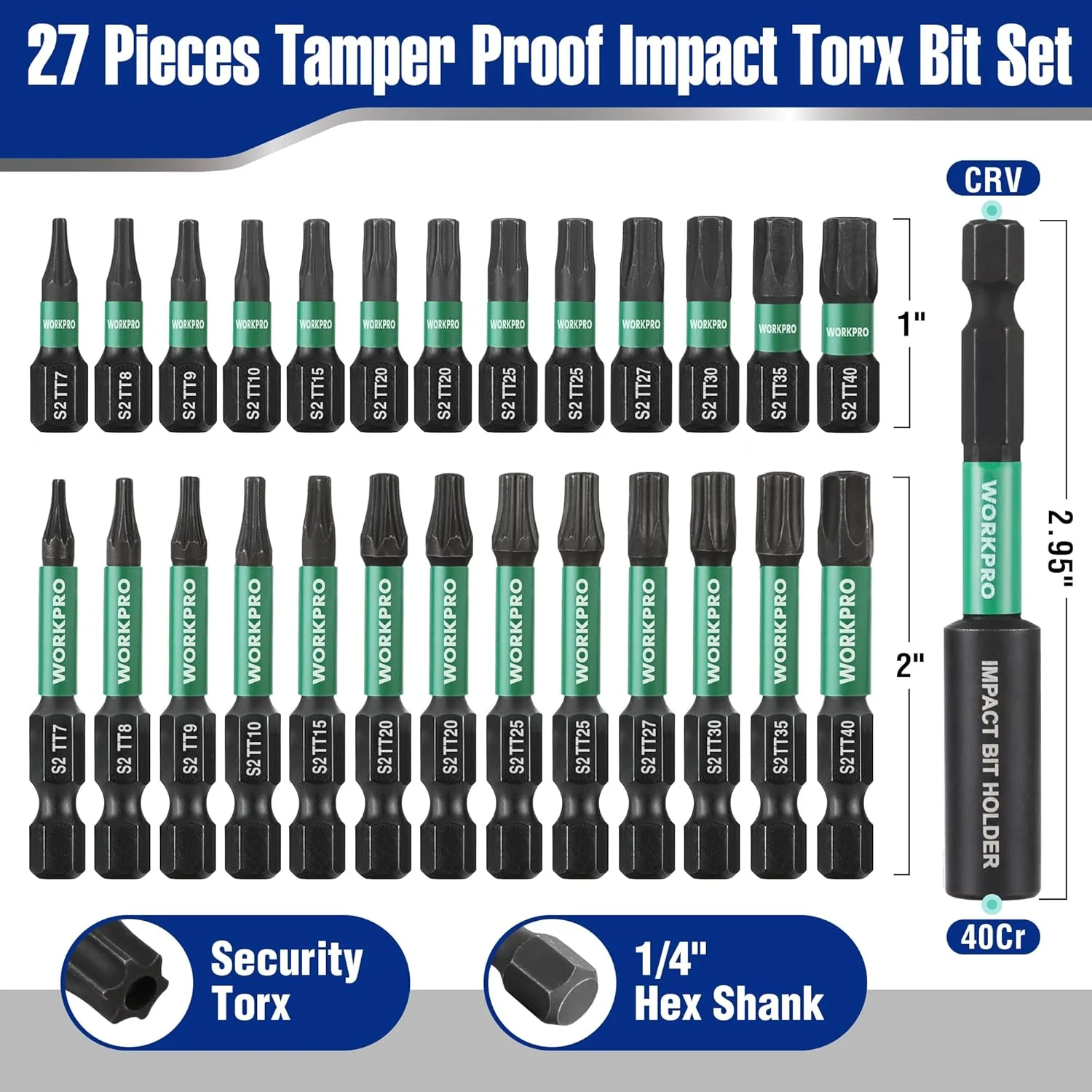 WORKPRO 27pcs Impact Torx Bit Set (TT7-TT40), Security Torx Bit Set, CNC Machined S2 Steel Tamper Proof Torx Bit with Magnetic Tip, 1/4" Hex-Shank, 1"&2" Long Star Bits with Extension and Storage Box - Image 2