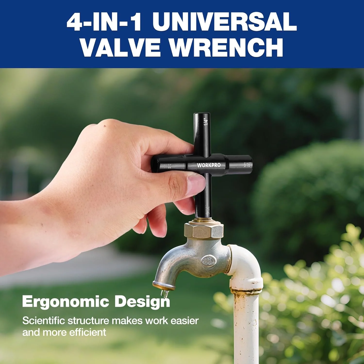 WORKPRO 2PC 4 Way Sillcock Key Set, 40Cr Universal Utility Water Key, 1/4", 9/32", 5/16", 11/32", Multifunctional Heavy-Duty Water Valve Key Tool for Faucet, Spigot, Electric Meter & Cabinet, Black - Image 2