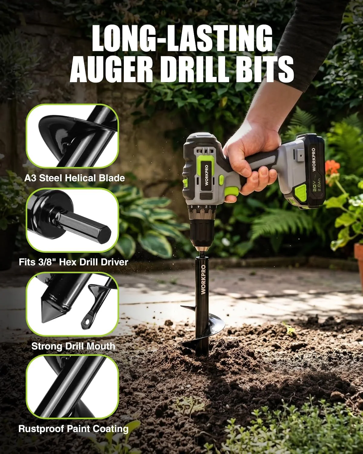 WORKPRO 2PC Auger Drill Bit Set for Planting – 1.6 x 16 Inch & 3.5 x 16 Inch Garden Auger Bits, Spiral Drill for Digging Bulb Holes, Fence Posts & Umbrella Holes, Fits 3/8" Hex Drive Drill - Image 8