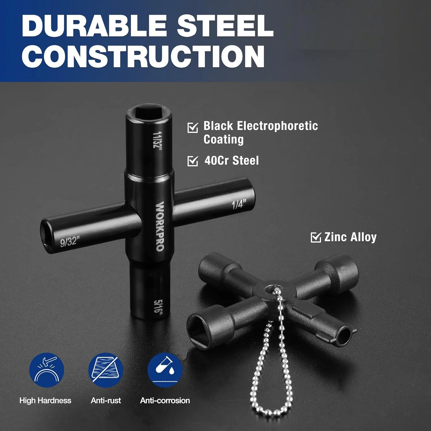 WORKPRO 2PC Water Key Wrench, 40Cr Universal Utility 4 Way Sillcock Key and Multifunctional Heavy-Duty Water Valve Key Tool for Faucet, Spigot, Electric Meter & Cabinet, 1/4", 9/32", 5/16", 11/32" - Image 4