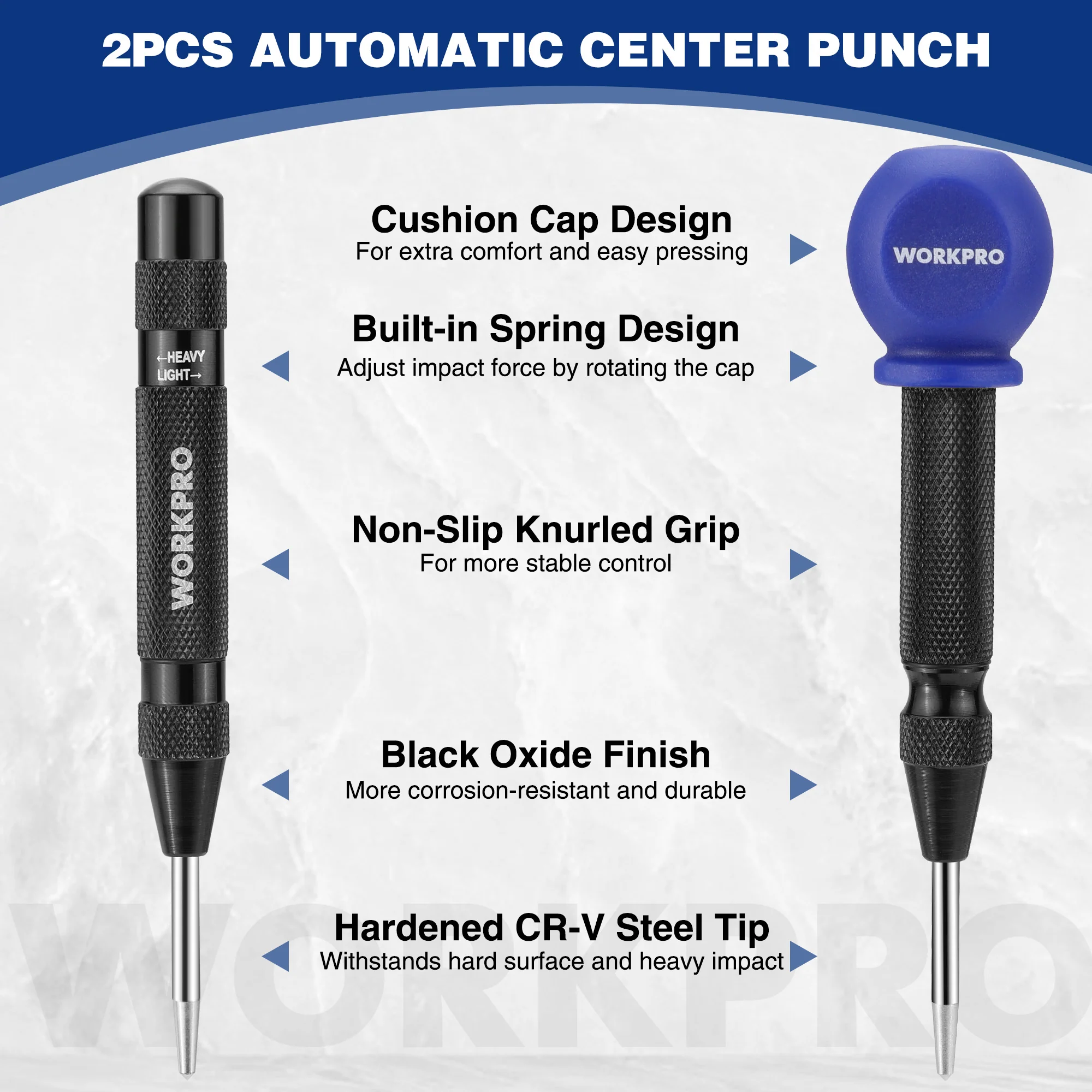 WORKPRO 2PCS Metal Automatic Adjustable Spring Loaded Center Punch with an Extra Replacement Tip - Image 4