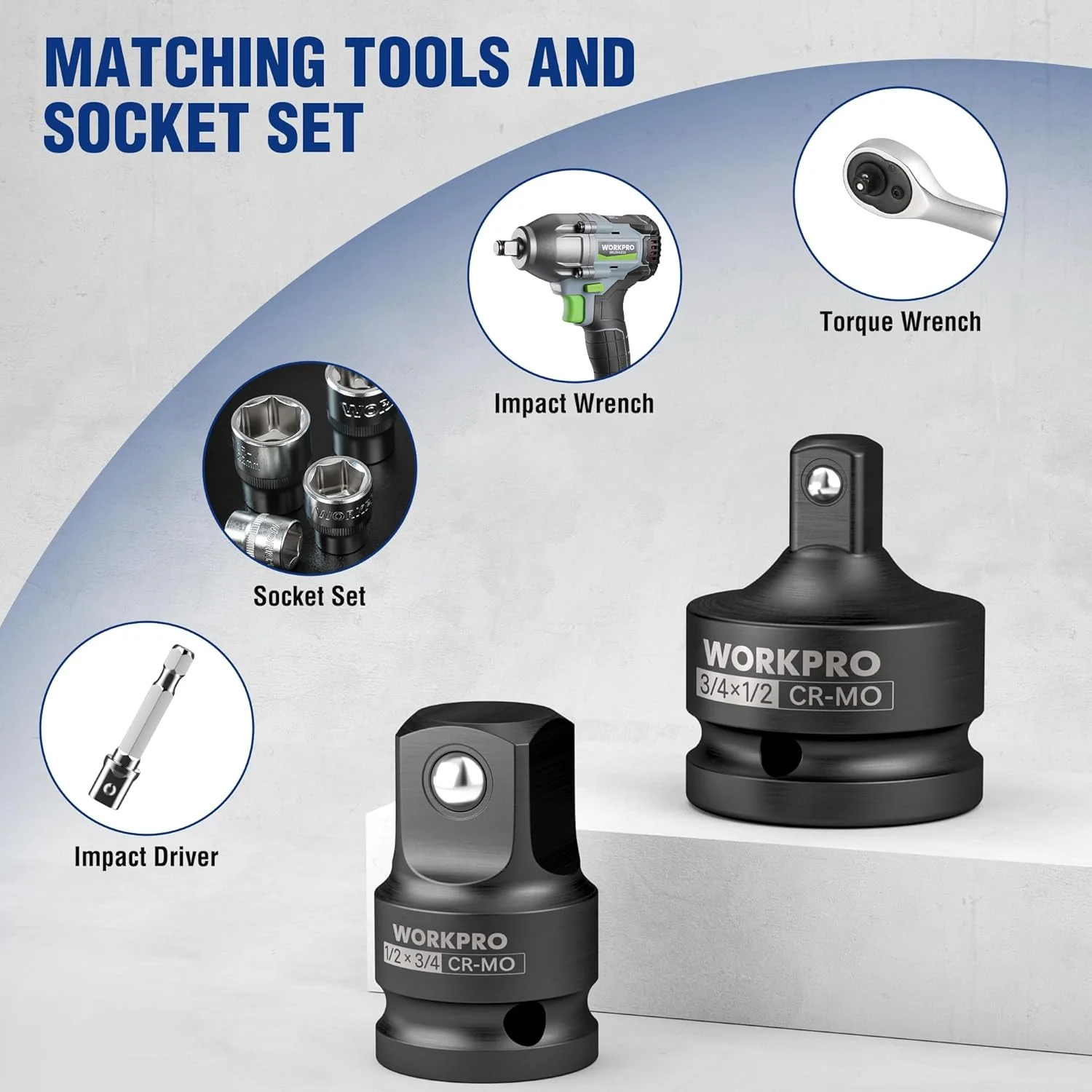 WORKPRO 3/4" F to 1/2" M Impact Socket Adapter, Cr-Mo Steel, Socket Adapter Set for Impact Driver Conversions, Square Drive Reducer for Impact Driver Wrench - Image 9