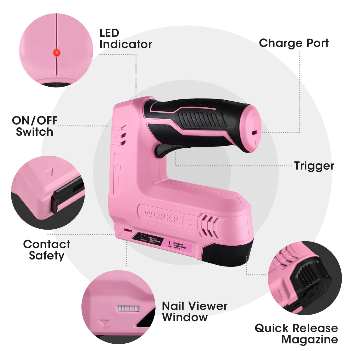 WORKPRO 3.6V 2.0Ah Battery Powered Electric Cordless 2-in-1 Staple and Nail Gun - Pink Ribbon - Image 2