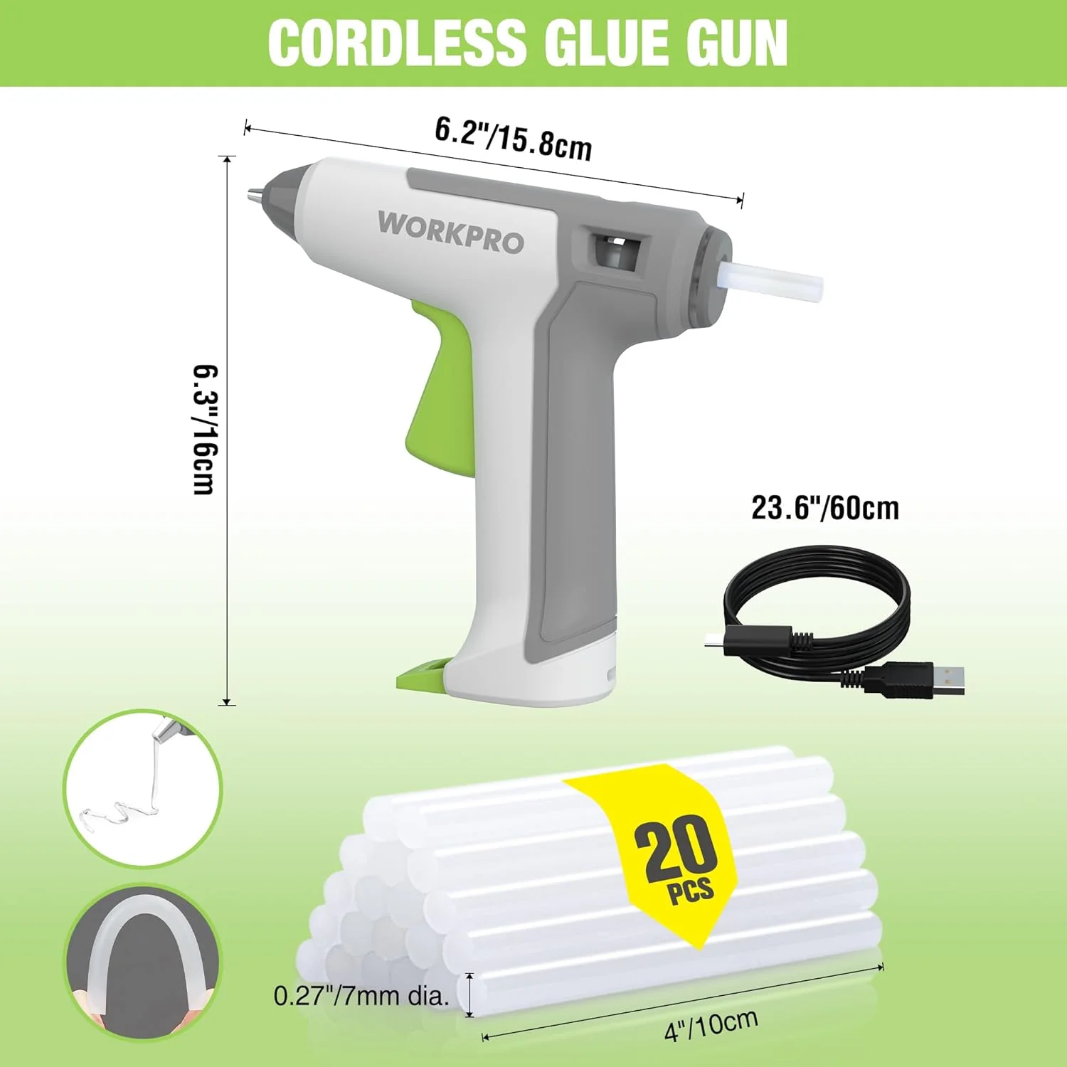 WORKPRO 3.6V Cordless Hot Glue Gun, Energy Saving Rechargeable Fast Heating Glue Gun Kit with 20 Pcs Mini Glue Sticks, Ultra Light Automatic-Safety-Power-Off Glue Gun, Fit for Mini Sticks(0.27" Dia) - Image 2