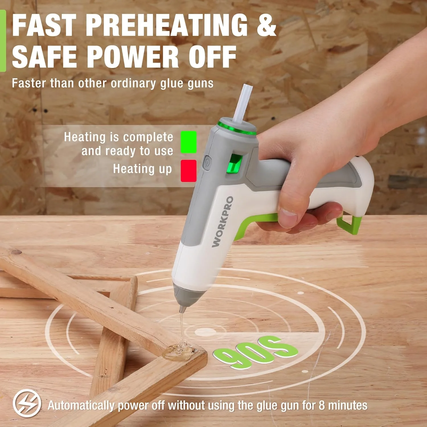 WORKPRO 3.6V Cordless Hot Glue Gun, Energy Saving Rechargeable Fast Heating Glue Gun Kit with 20 Pcs Mini Glue Sticks, Ultra Light Automatic-Safety-Power-Off Glue Gun, Fit for Mini Sticks(0.27" Dia) - Image 3