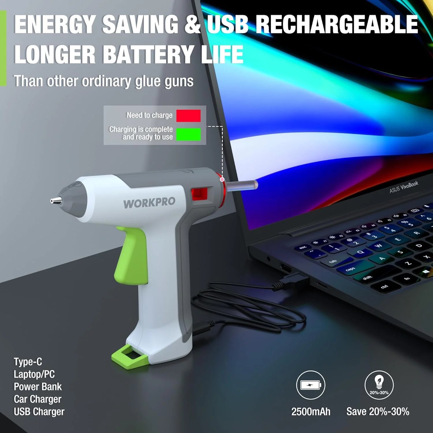 WORKPRO 3.6V Cordless Hot Glue Gun, Energy Saving Rechargeable Fast Heating Glue Gun Kit with 20 Pcs Mini Glue Sticks, Ultra Light Automatic-Safety-Power-Off Glue Gun, Fit for Mini Sticks(0.27" Dia) - Image 4