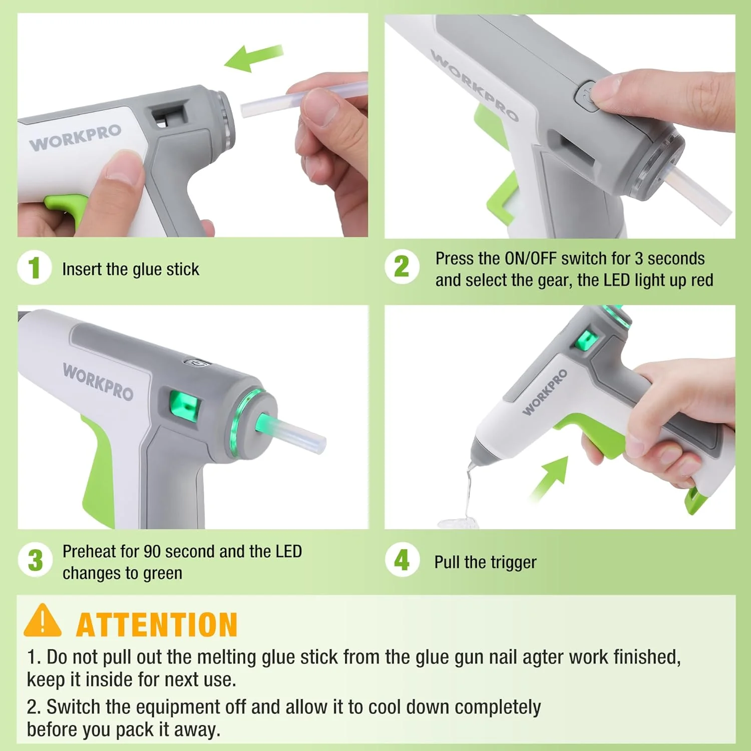 WORKPRO 3.6V Cordless Hot Glue Gun, Energy Saving Rechargeable Fast Heating Glue Gun Kit with 20 Pcs Mini Glue Sticks, Ultra Light Automatic-Safety-Power-Off Glue Gun, Fit for Mini Sticks(0.27" Dia) - Image 6